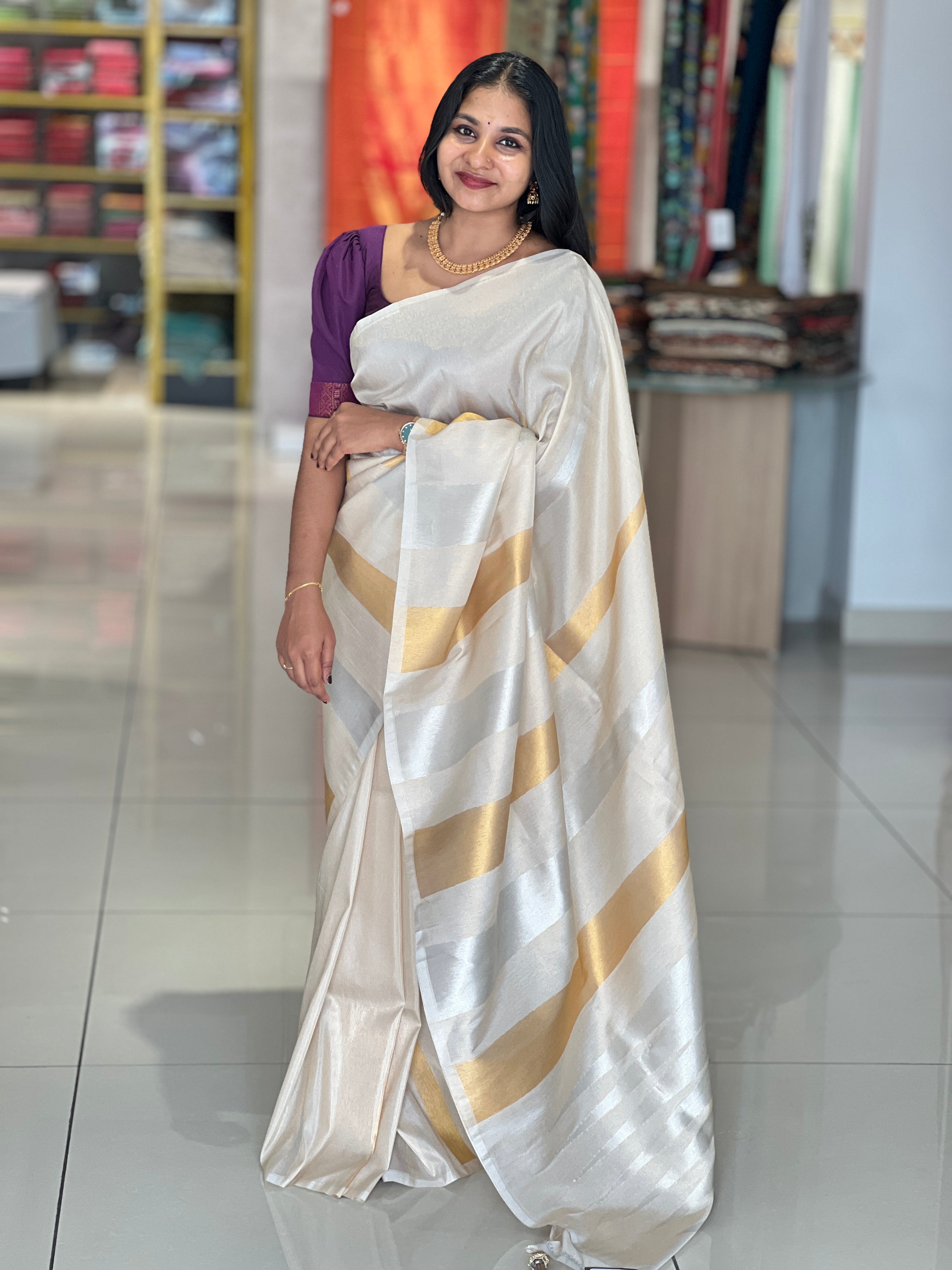 Silver & Golden Zari Detailed Semi Silk Saree | HT191