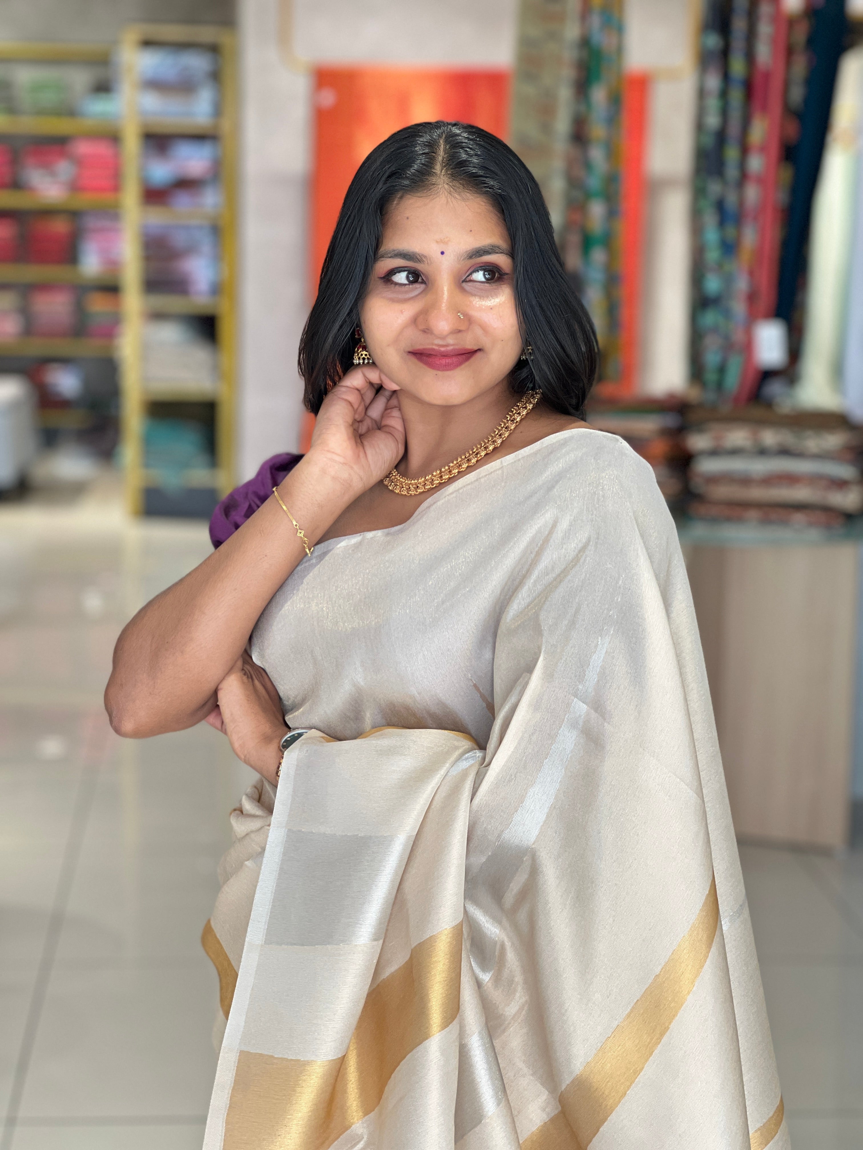 Silver & Golden Zari Detailed Semi Silk Saree | HT191
