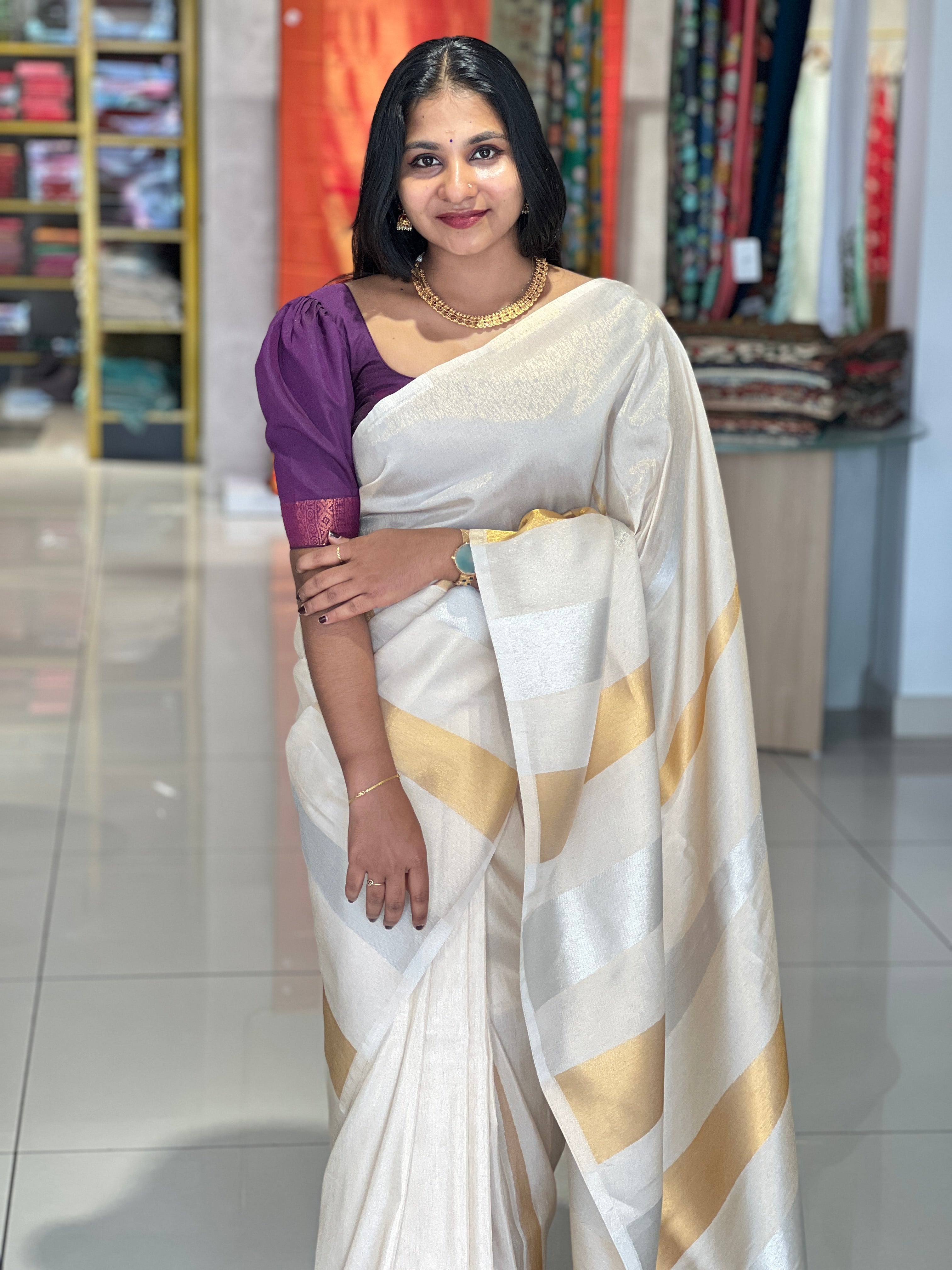 Silver & Golden Zari Detailed Semi Silk Saree | HT191