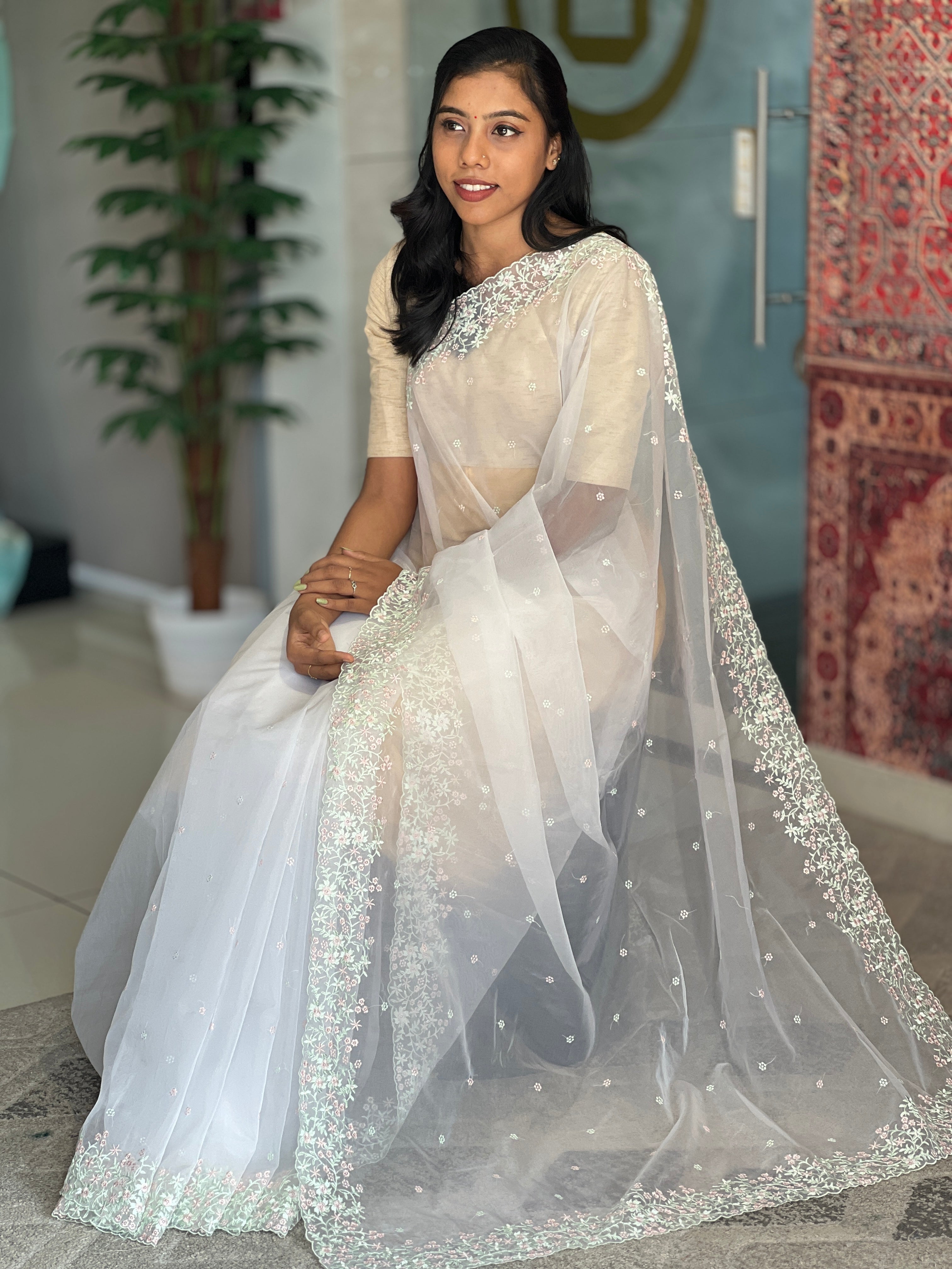 Embroidered Glass Organza Saree  | SBP575