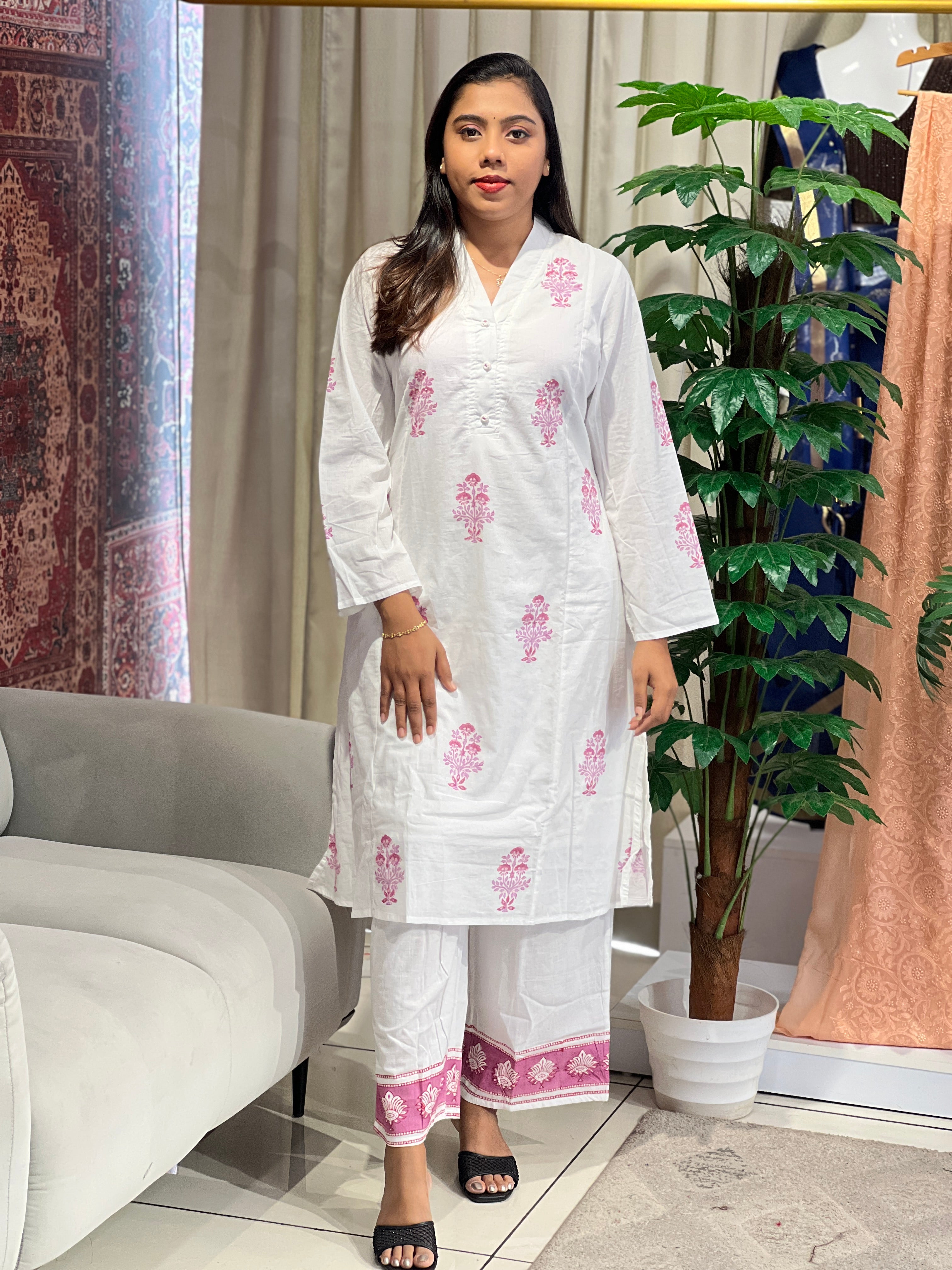 Floral Block Printed Cotton Kurta Set | PGI107