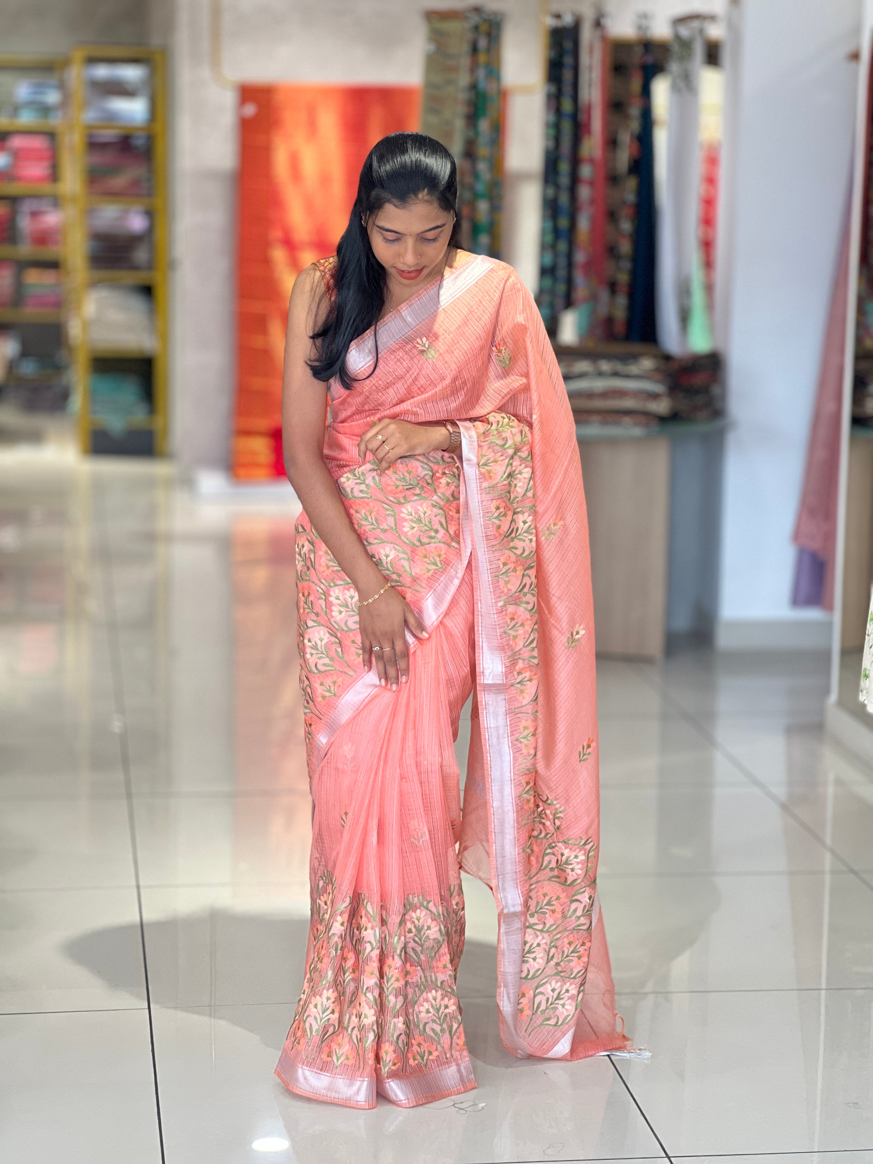 Floral Embroidery Detailed Silky Kota Saree | NHH492
