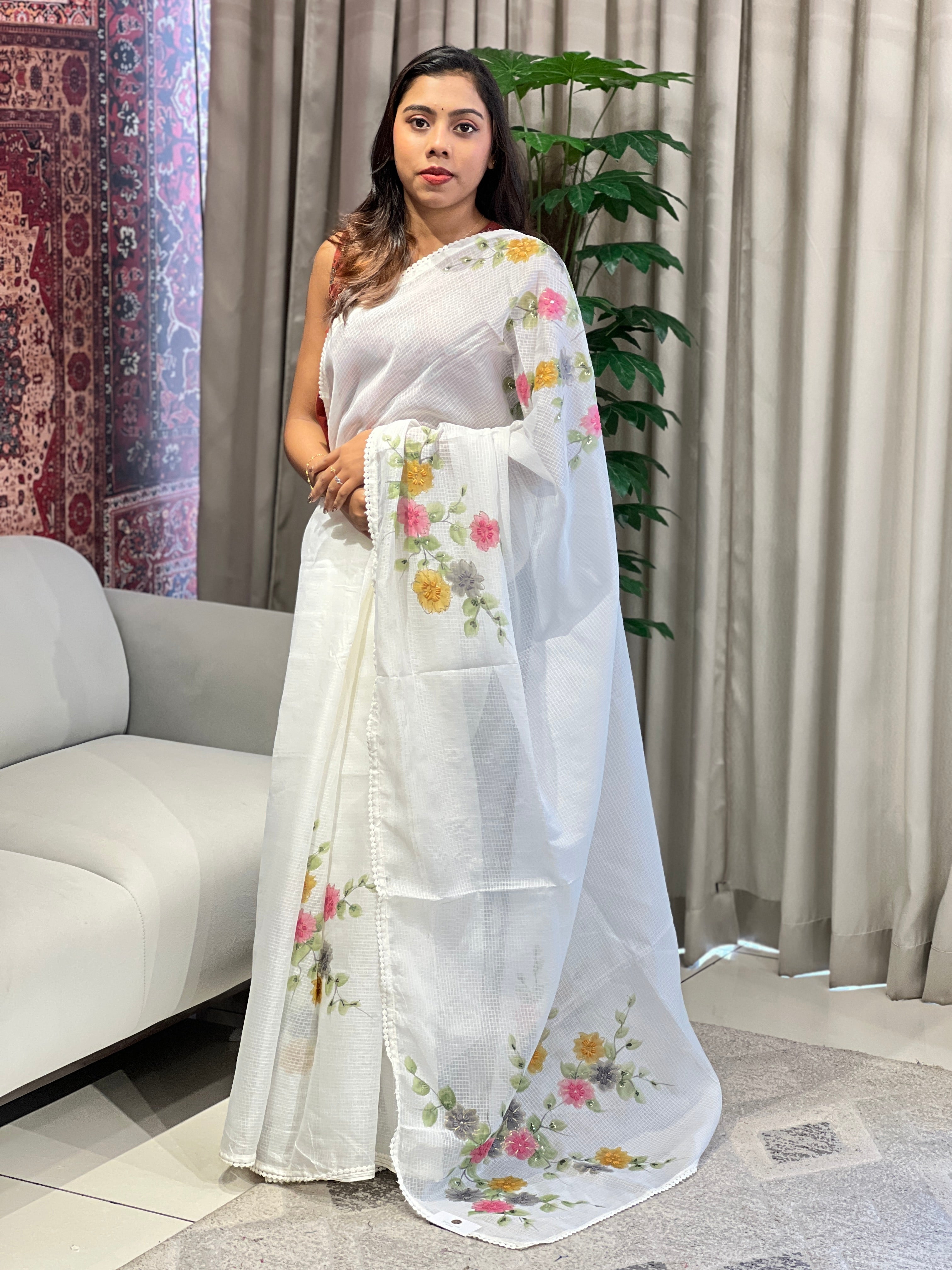 Floral Paint With Embroidery Highlighted Kota Saree | BLD1975