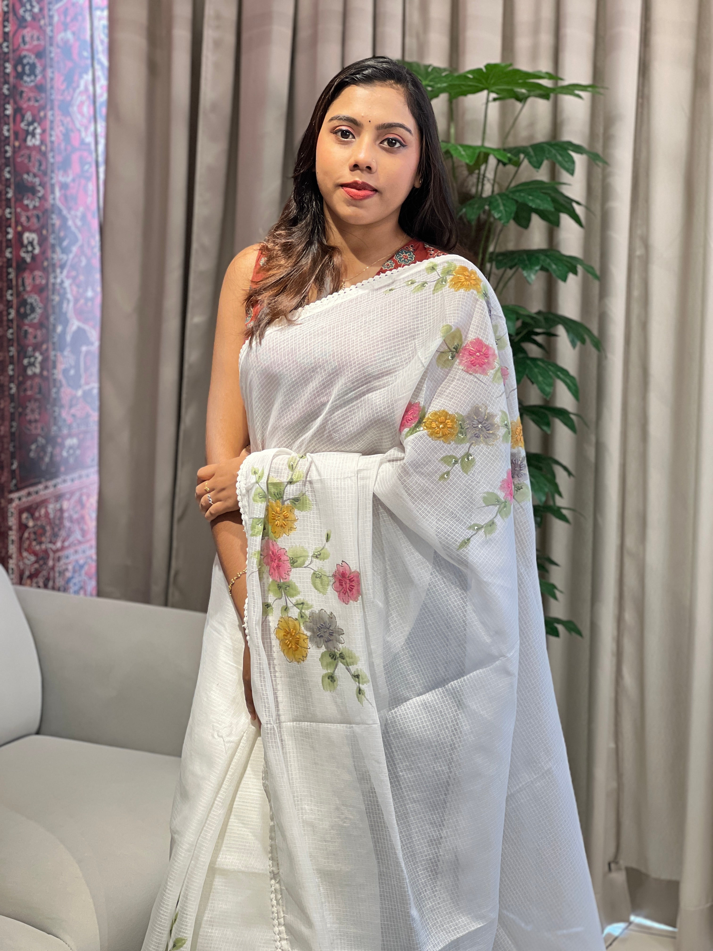 Floral Paint With Embroidery Highlighted Kota Saree | BLD1975