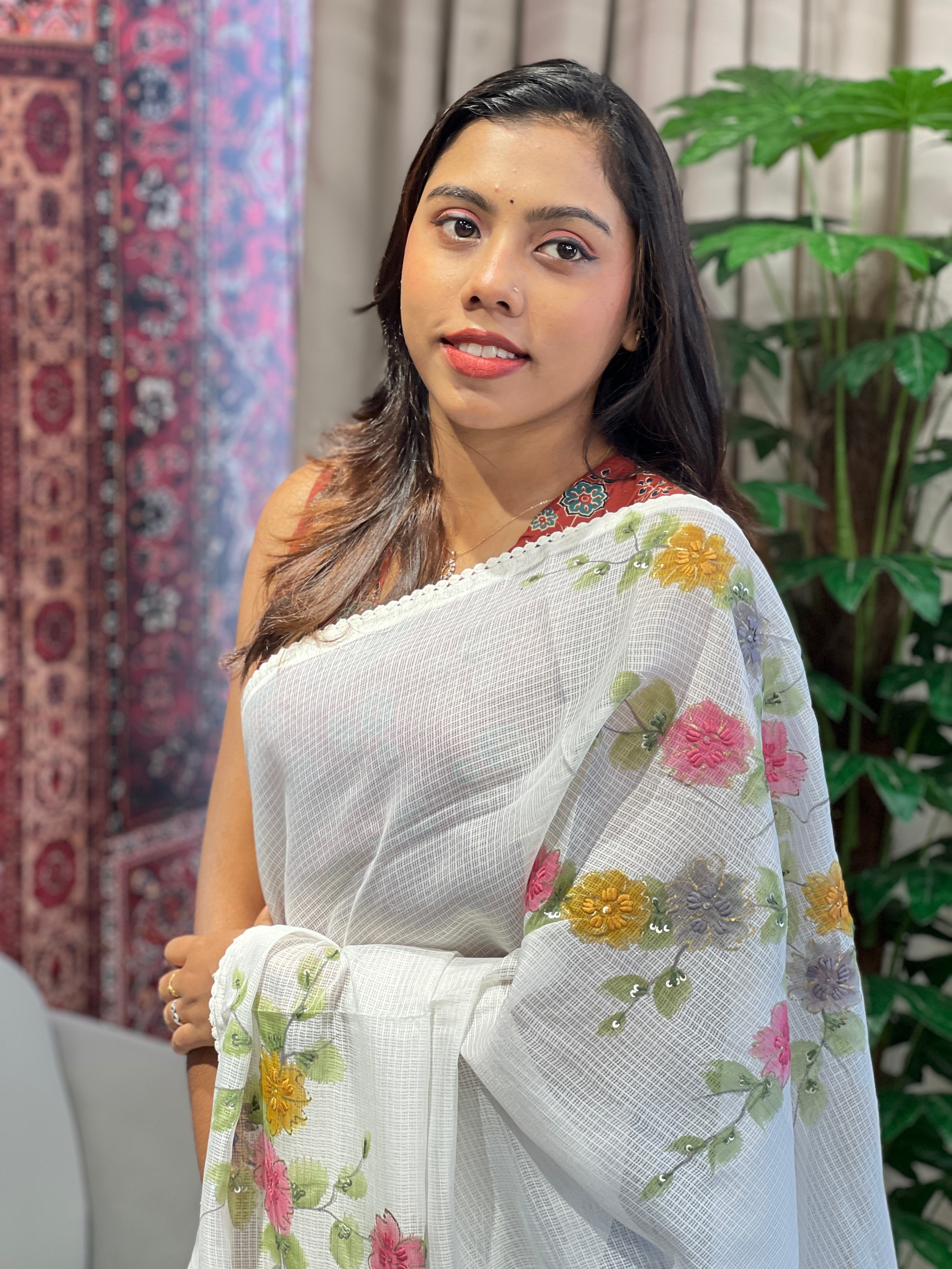 Floral Paint With Embroidery Highlighted Kota Saree | BLD1975