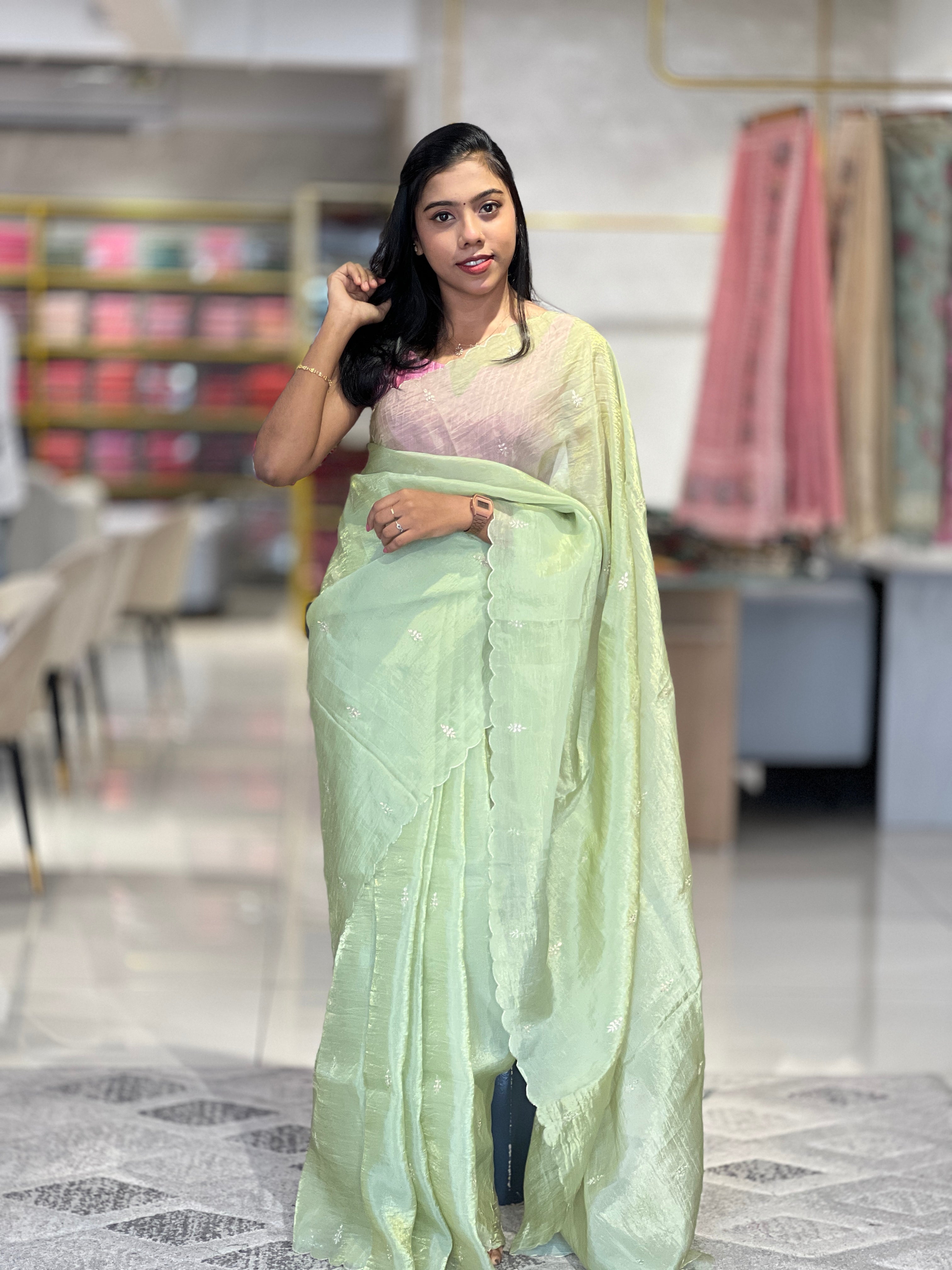 Zari Detailed Shimmer Organza Saree | DVS236