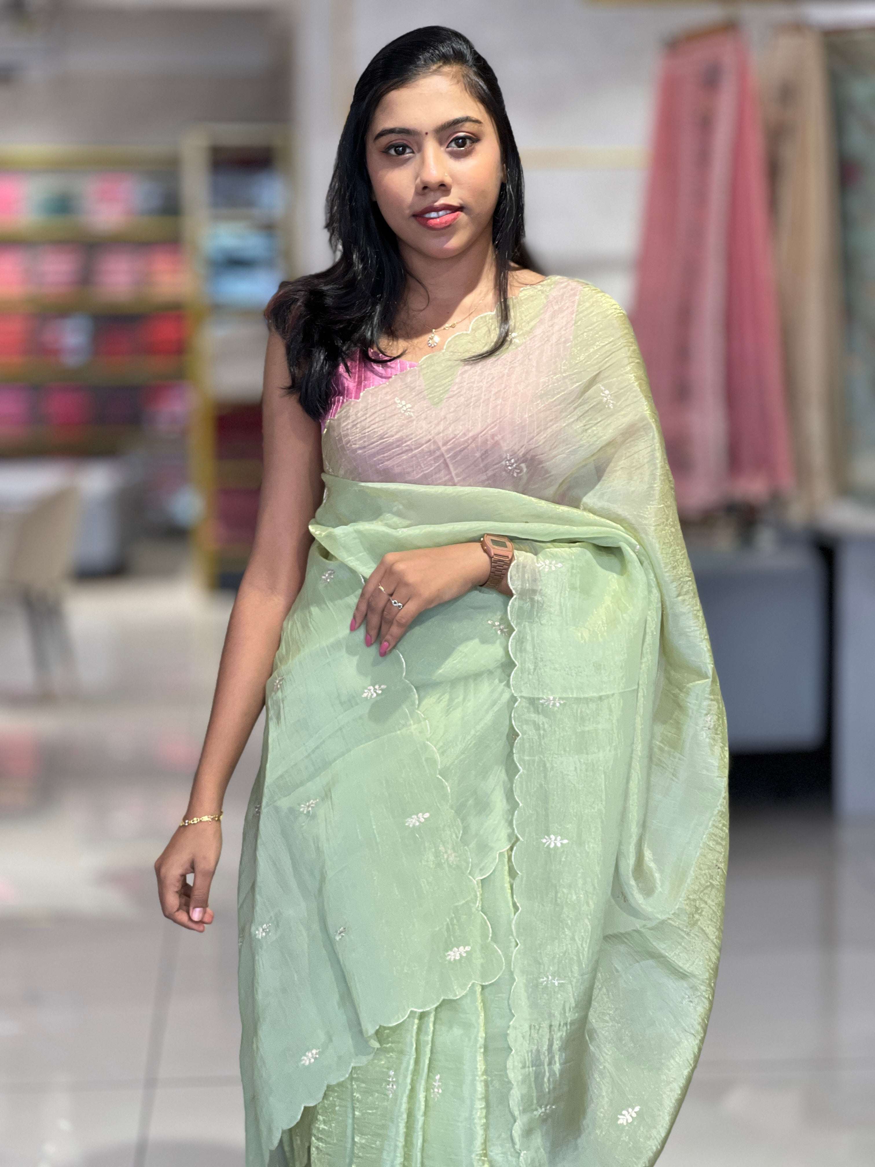 Zari Detailed Shimmer Organza Saree | DVS236