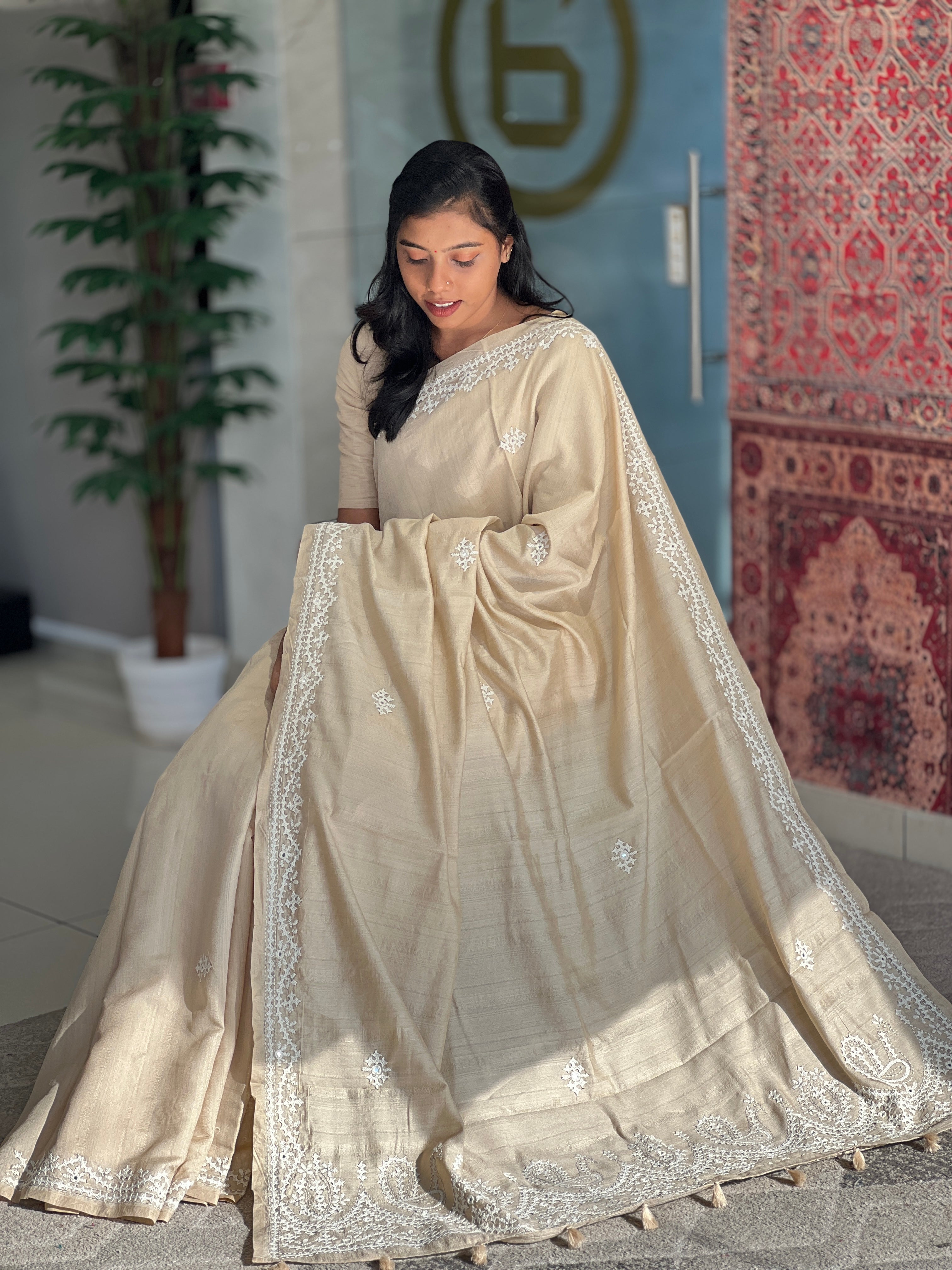 Hand Kutch Work Embroidery Semi Tussar Saree | DVS163