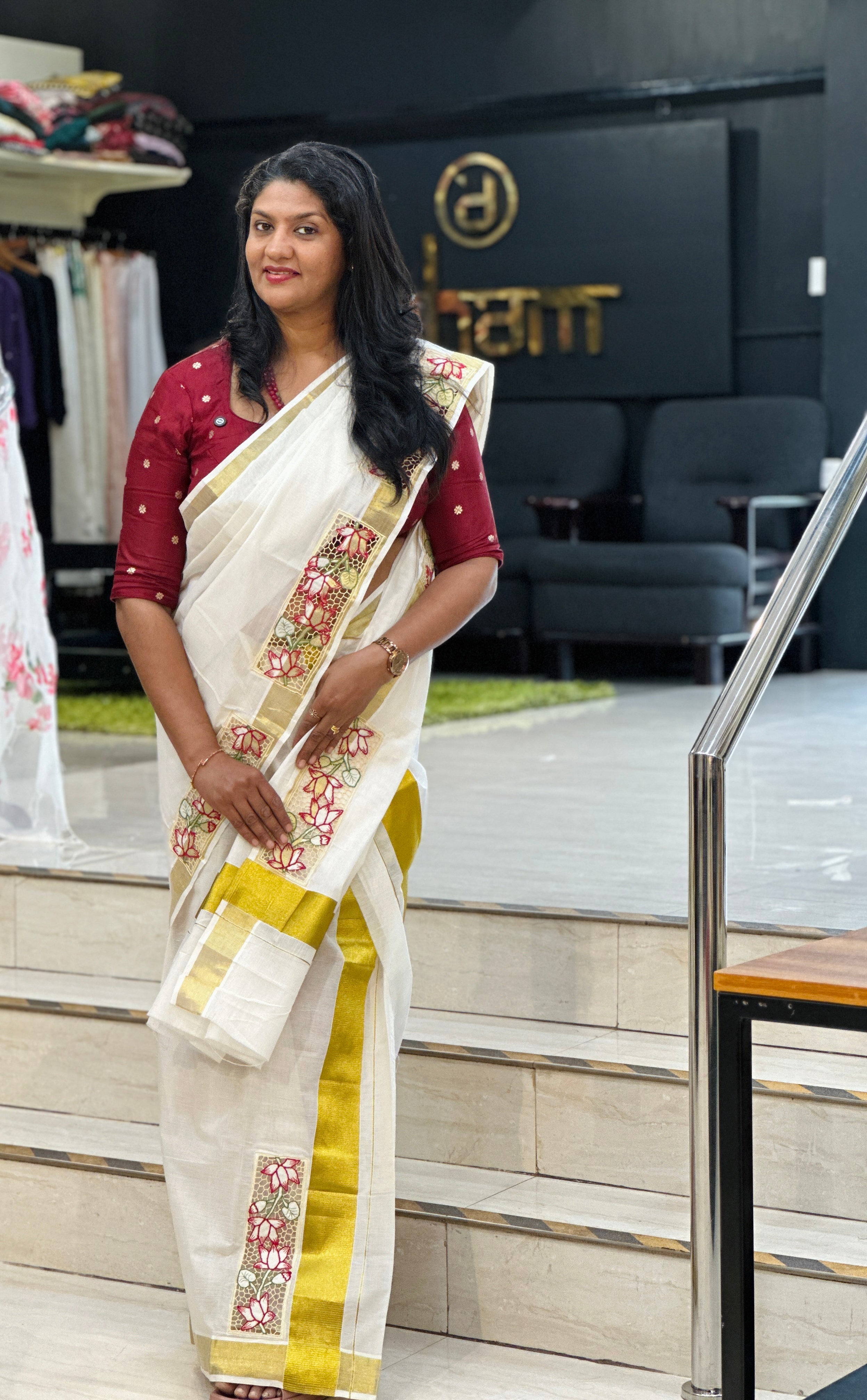 Twine Cut Work With Floral Embroidery Detailed Kerala Cotton Saree | TC424