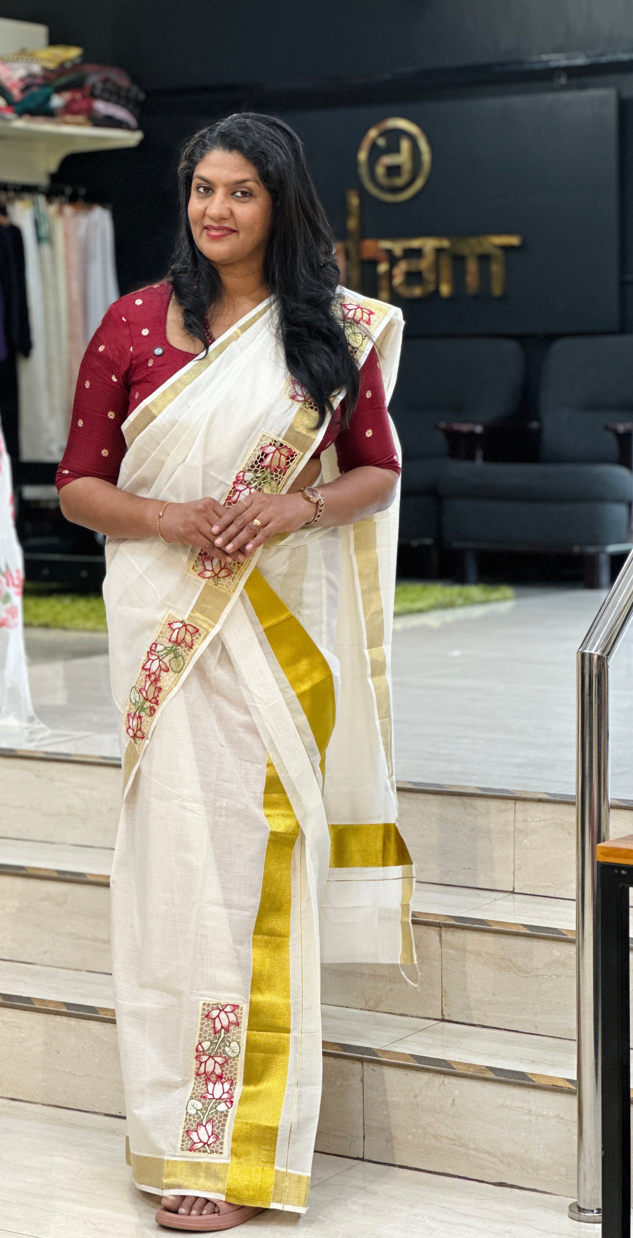 Twine Cut Work With Floral Embroidery Detailed Kerala Cotton Saree | TC424