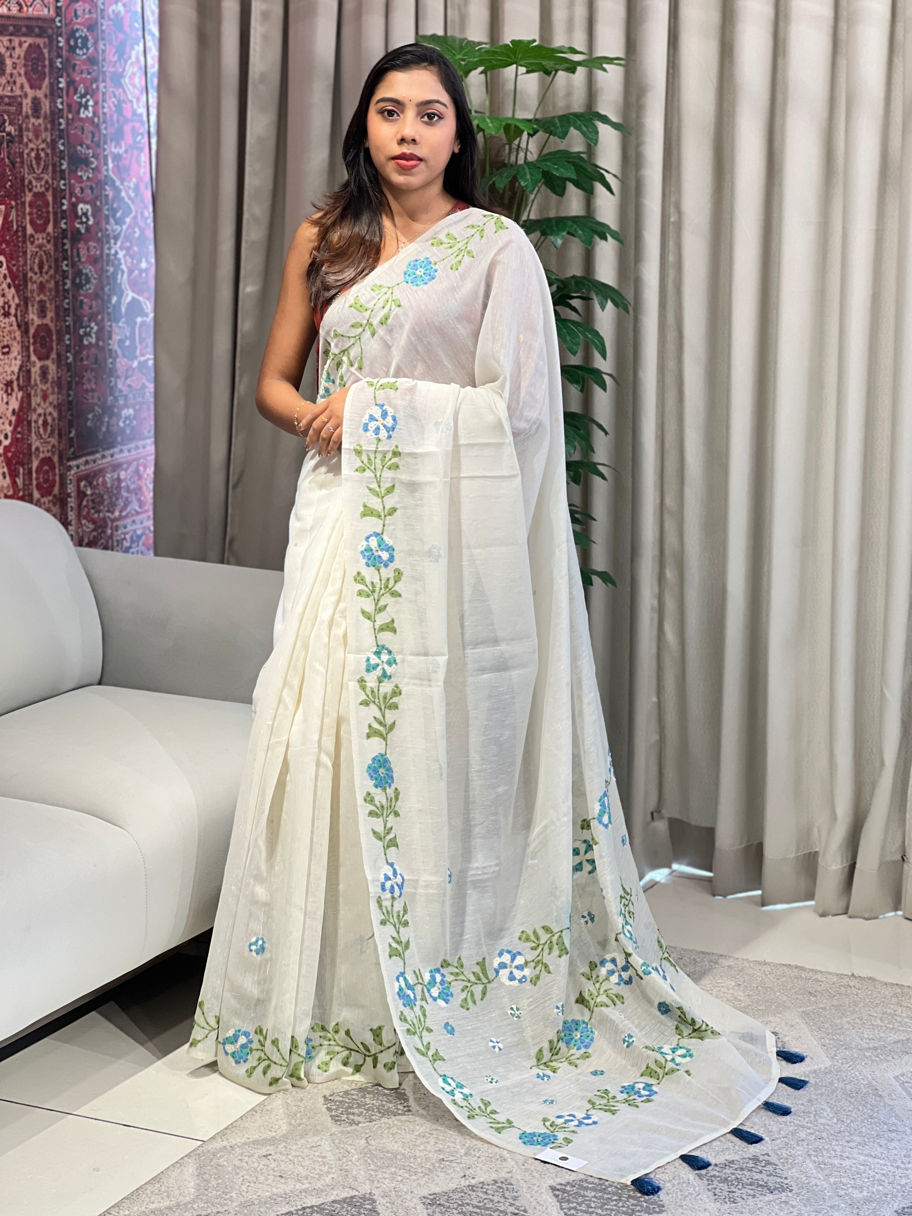 Jamdani With Hand Embroidery Detailed Chanderi Silk Saree | BLD1986