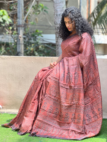 Hand Block Printed Tussur Saree | AHD1637