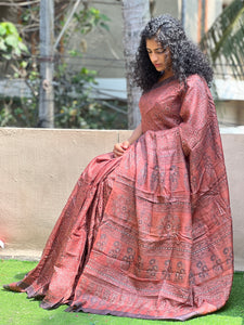 Hand Block Printed Tussur Saree | AHD1637