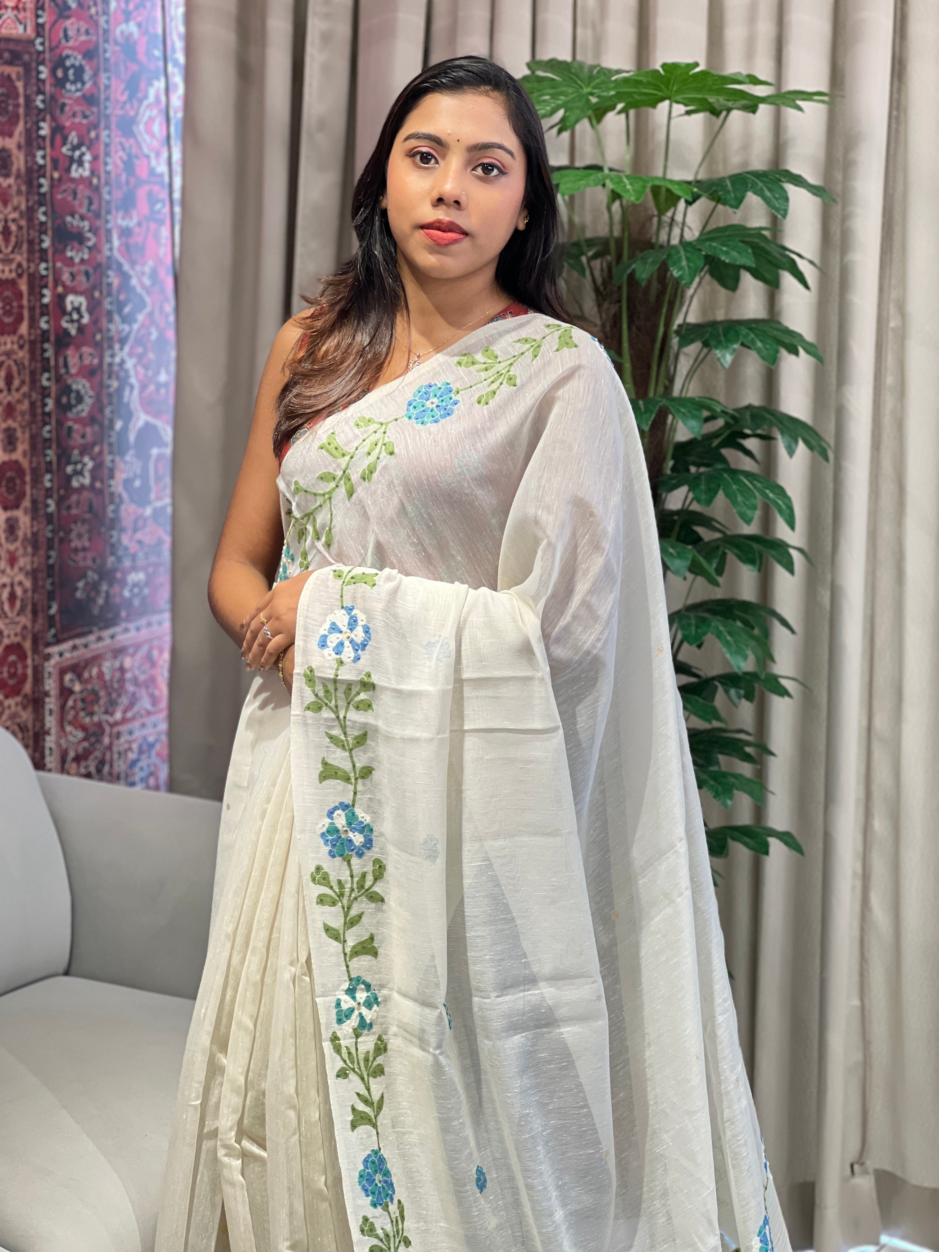 Jamdani With Hand Embroidery Detailed Chanderi Silk Saree | BLD1986