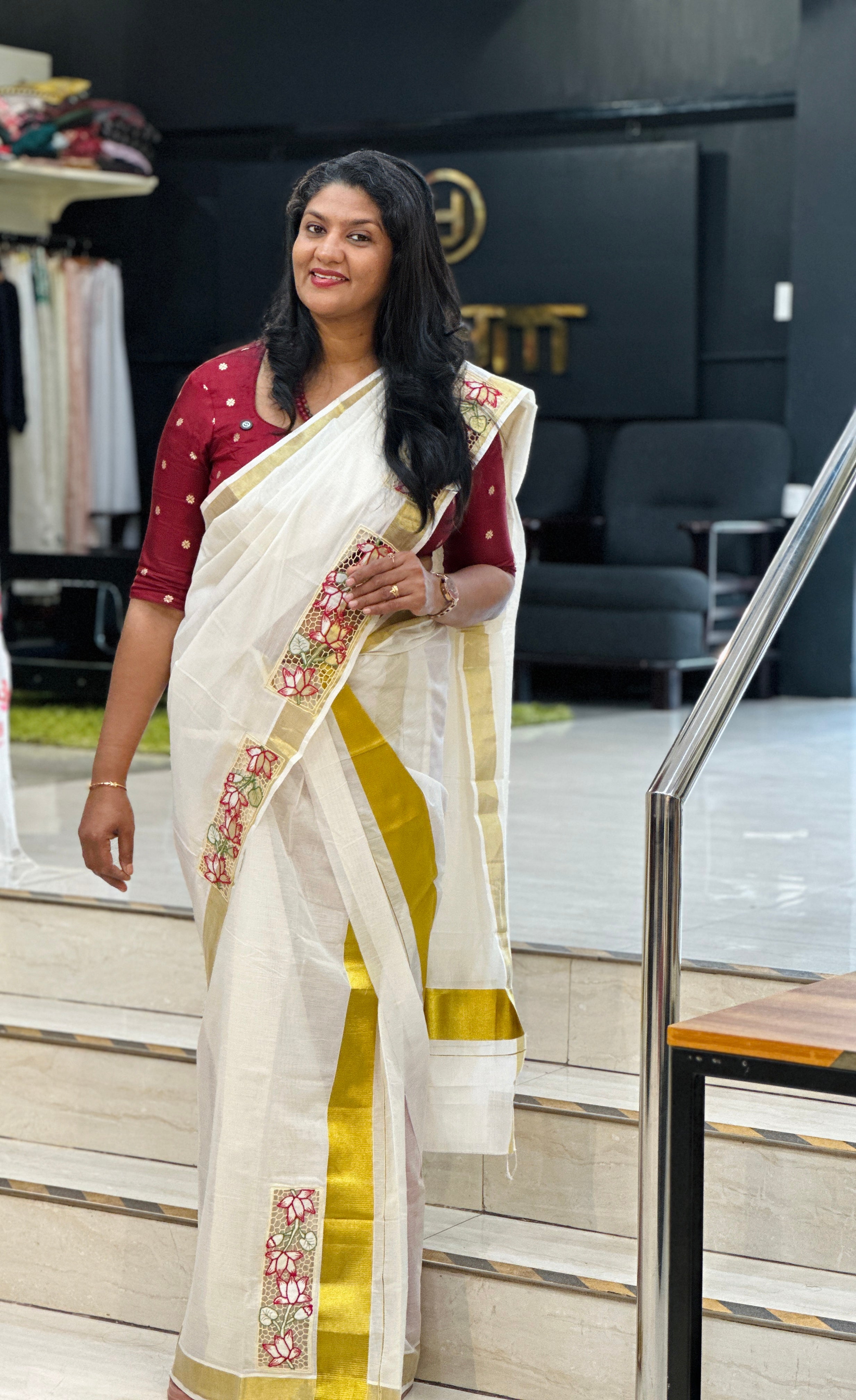 Twine Cut Work With Floral Embroidery Detailed Kerala Cotton Saree | TC424