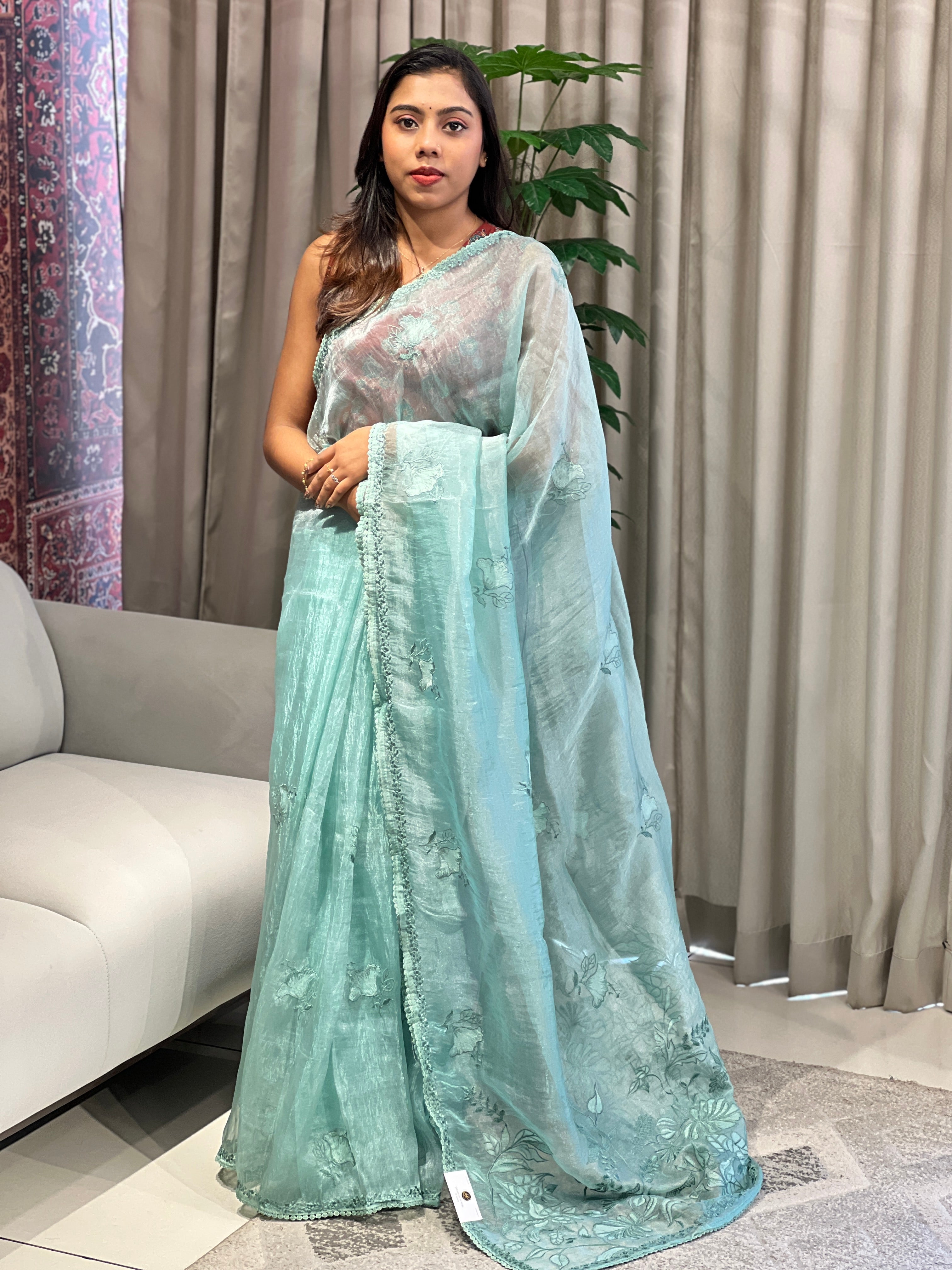 Floral Machine Embroidered Shimmer Organza Saree | BLD1983