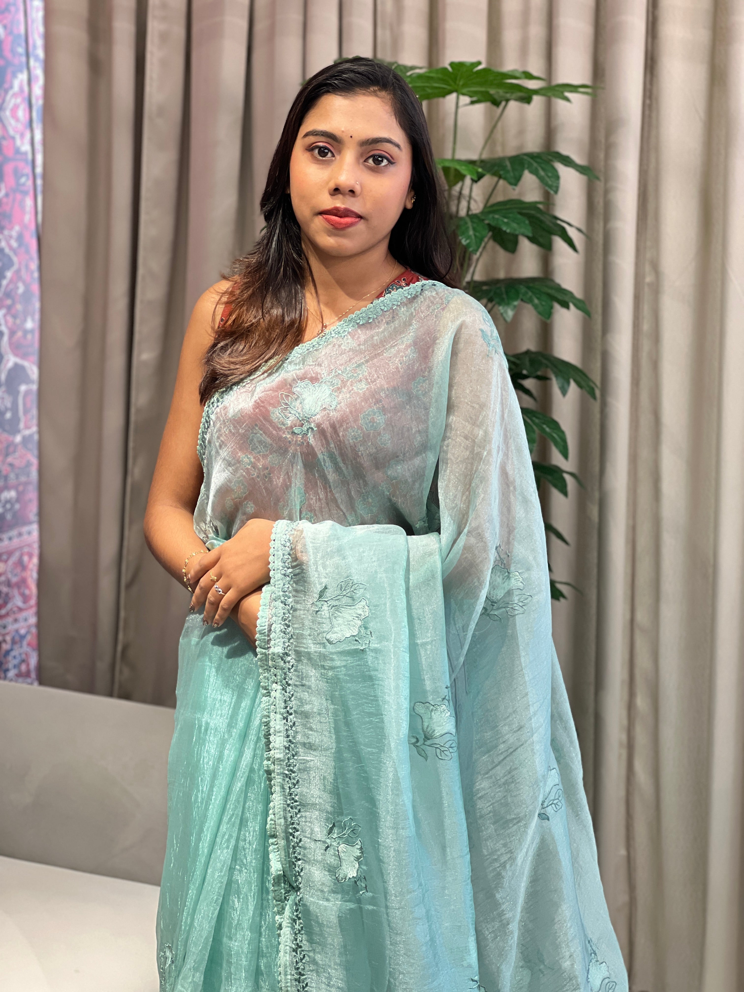 Floral Machine Embroidered Shimmer Organza Saree | BLD1983