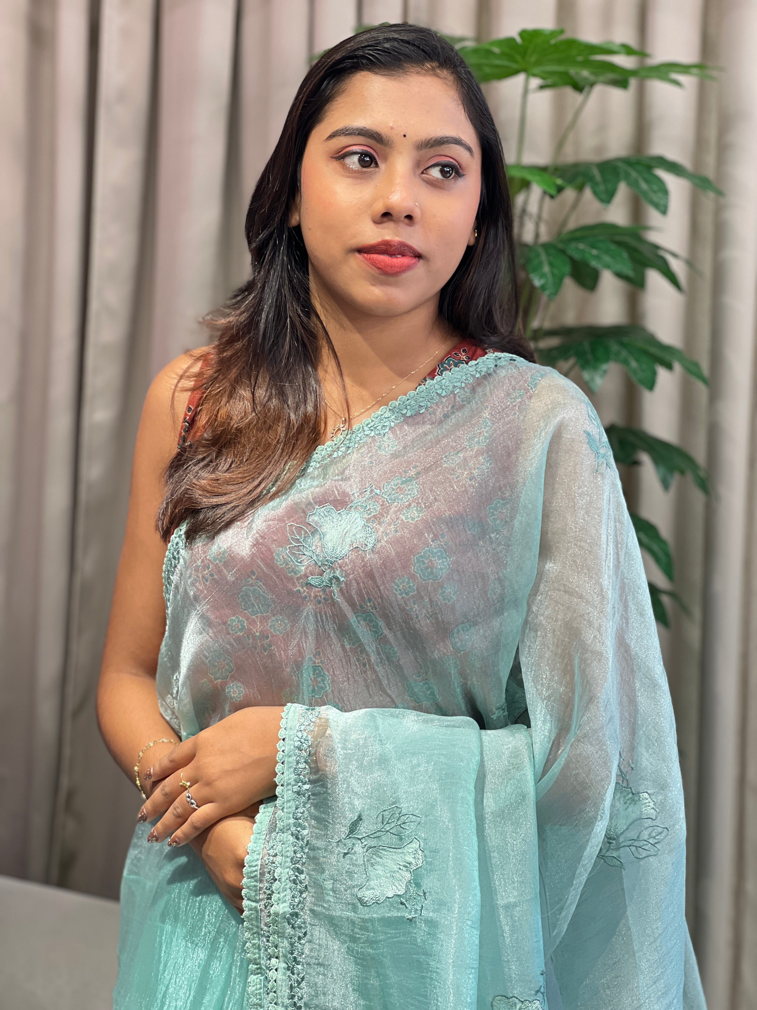 Floral Machine Embroidered Shimmer Organza Saree | BLD1983