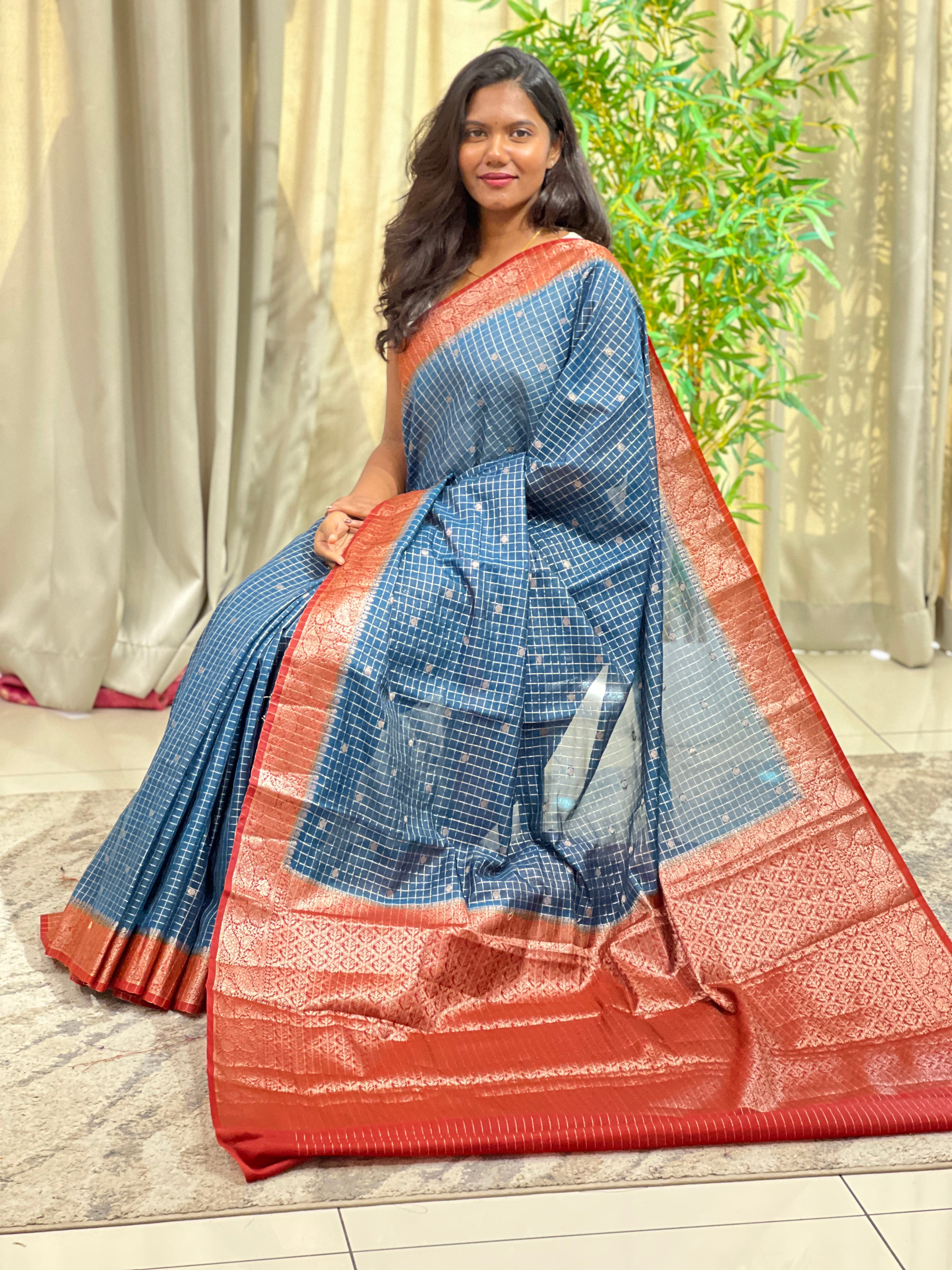 Check Woven Pattern Semi Silk Saree | ZSS592