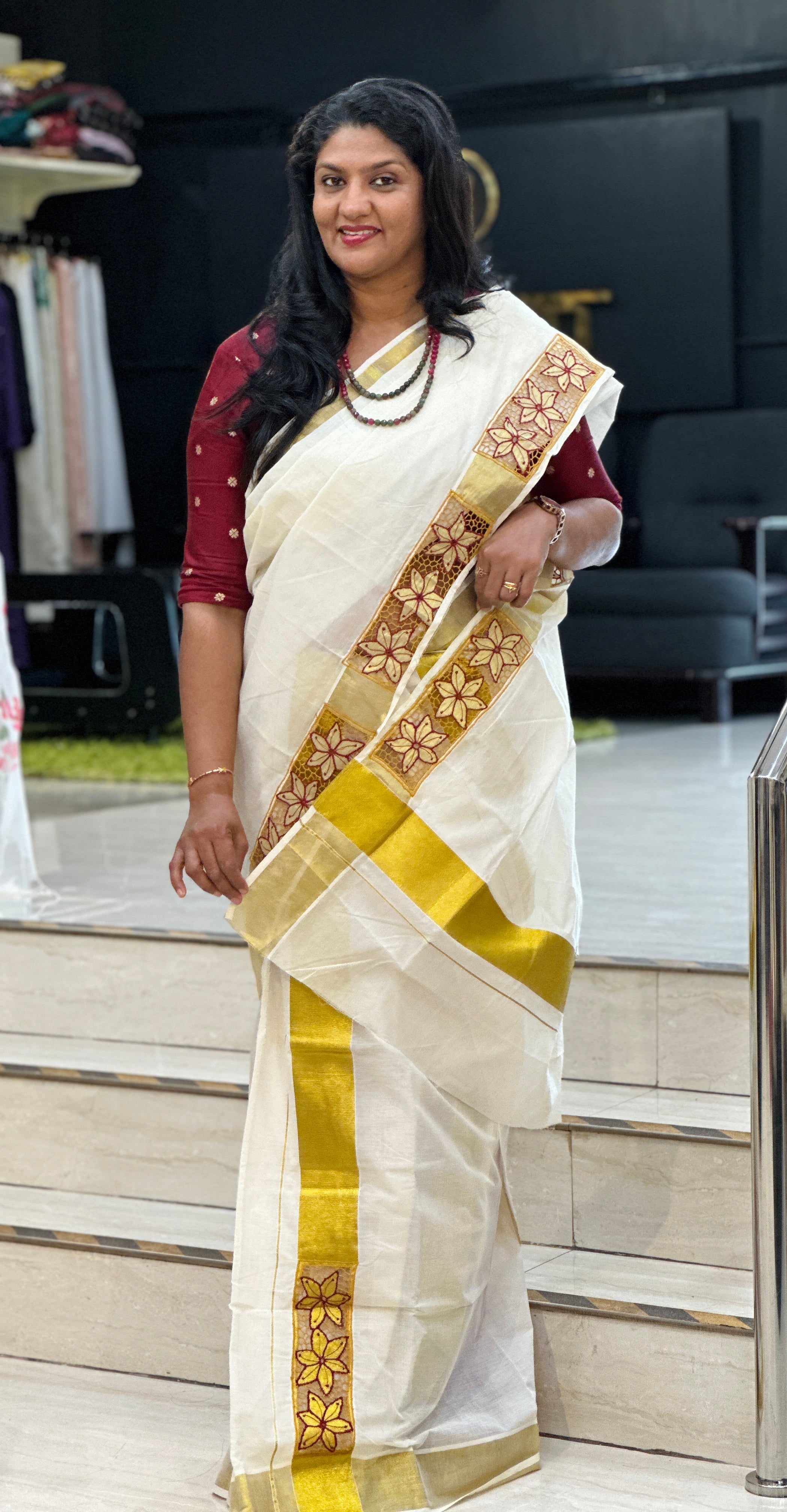 Twine Cut Work With Floral Embroidery Detailed Kerala Cotton Saree | TC421