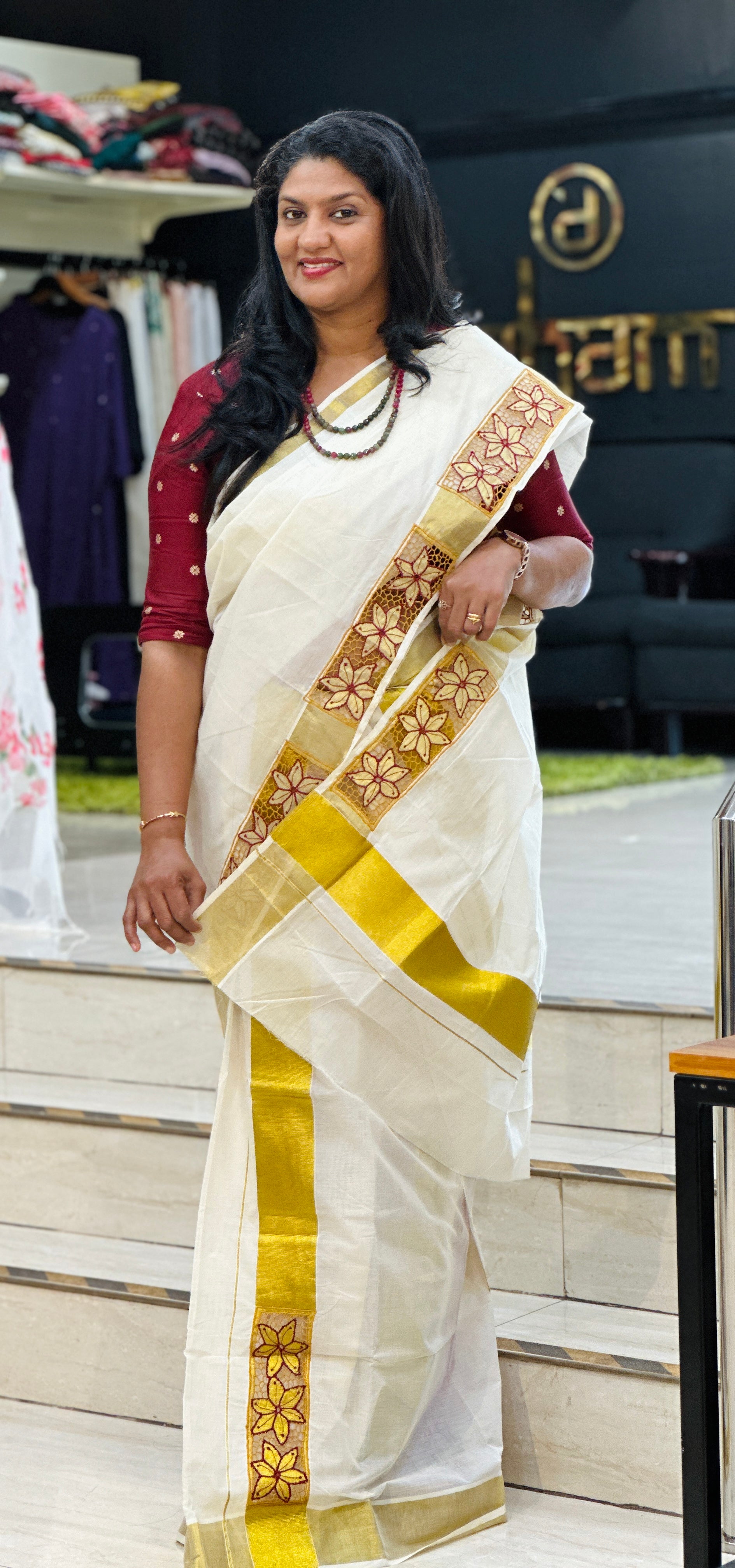 Twine Cut Work With Floral Embroidery Detailed Kerala Cotton Saree | TC421