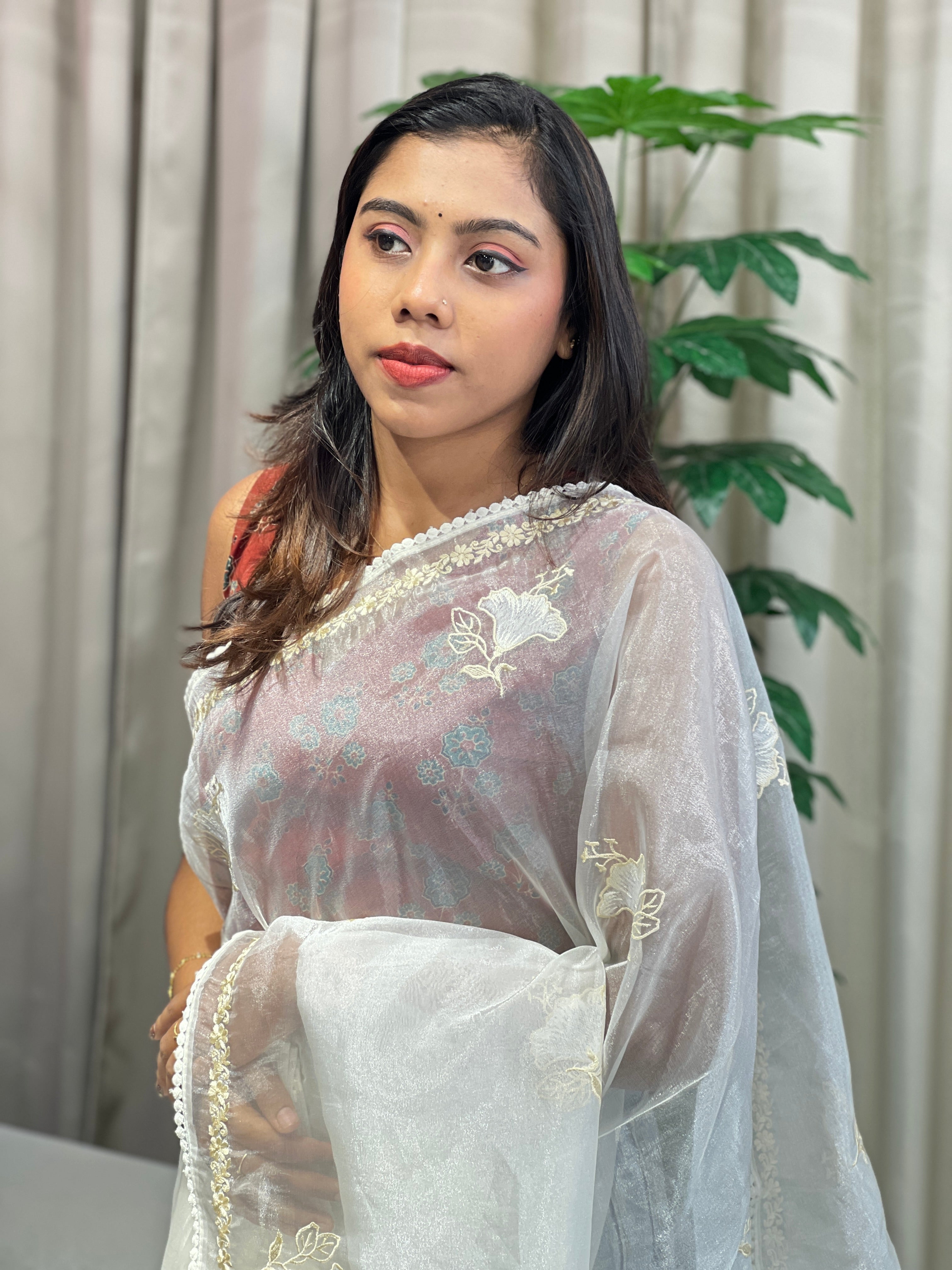 Floral Machine Embroidered Shimmer Organza Saree | BLD1985