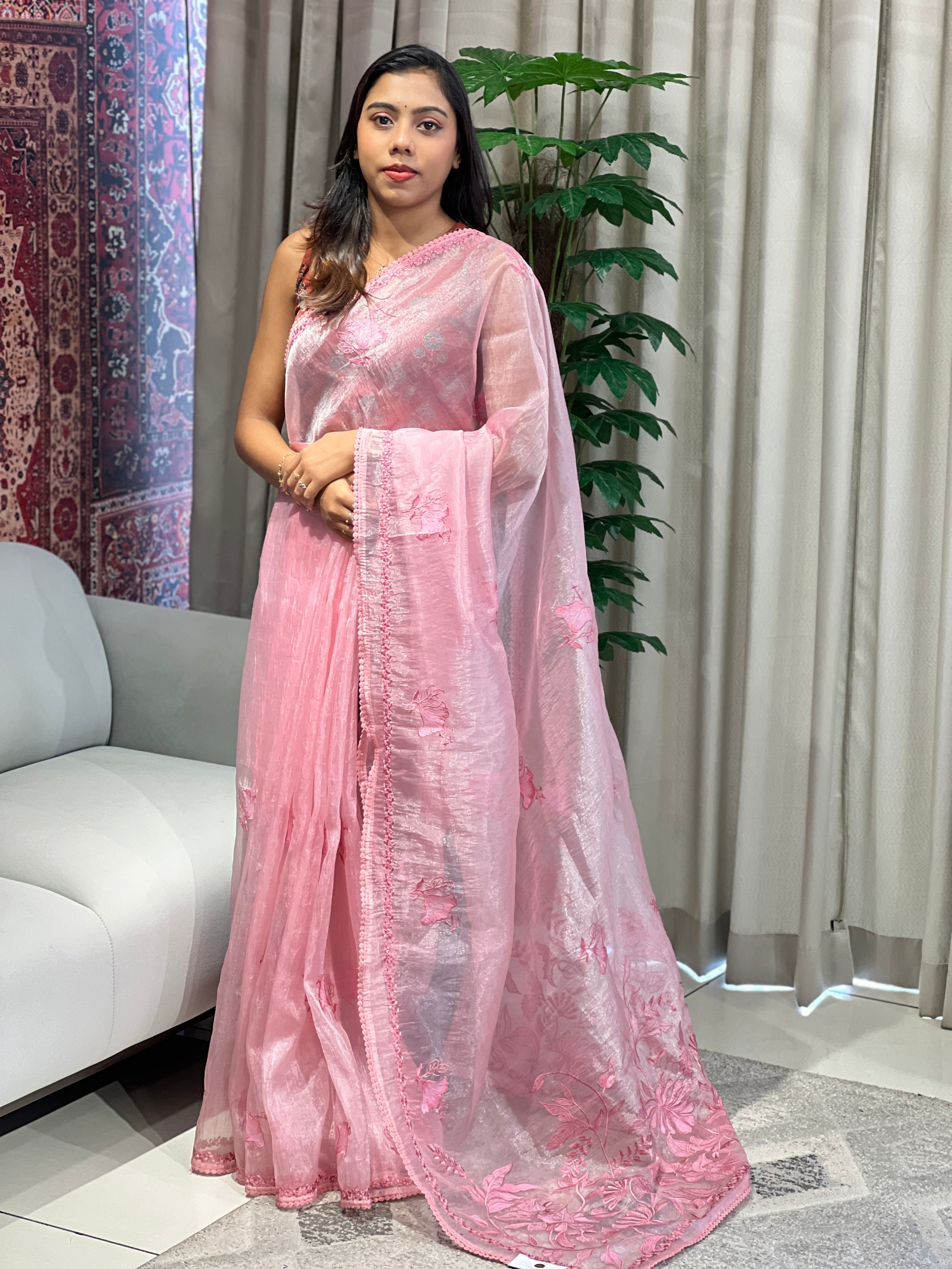 Floral Machine Embroidered Shimmer Organza Saree | BLD1984