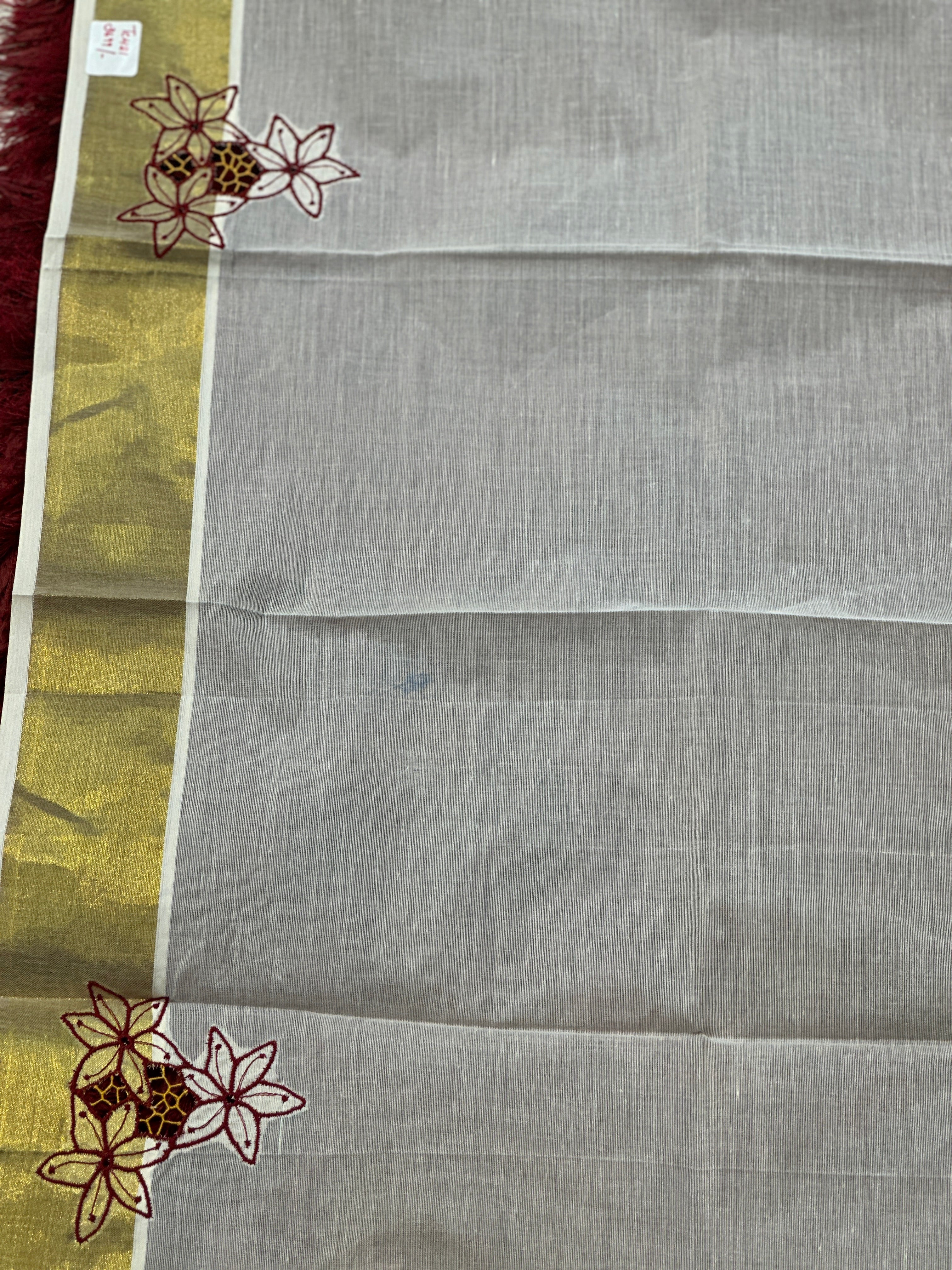 Twine Cut Work With Floral Embroidery Detailed Kerala Cotton Saree | TC421