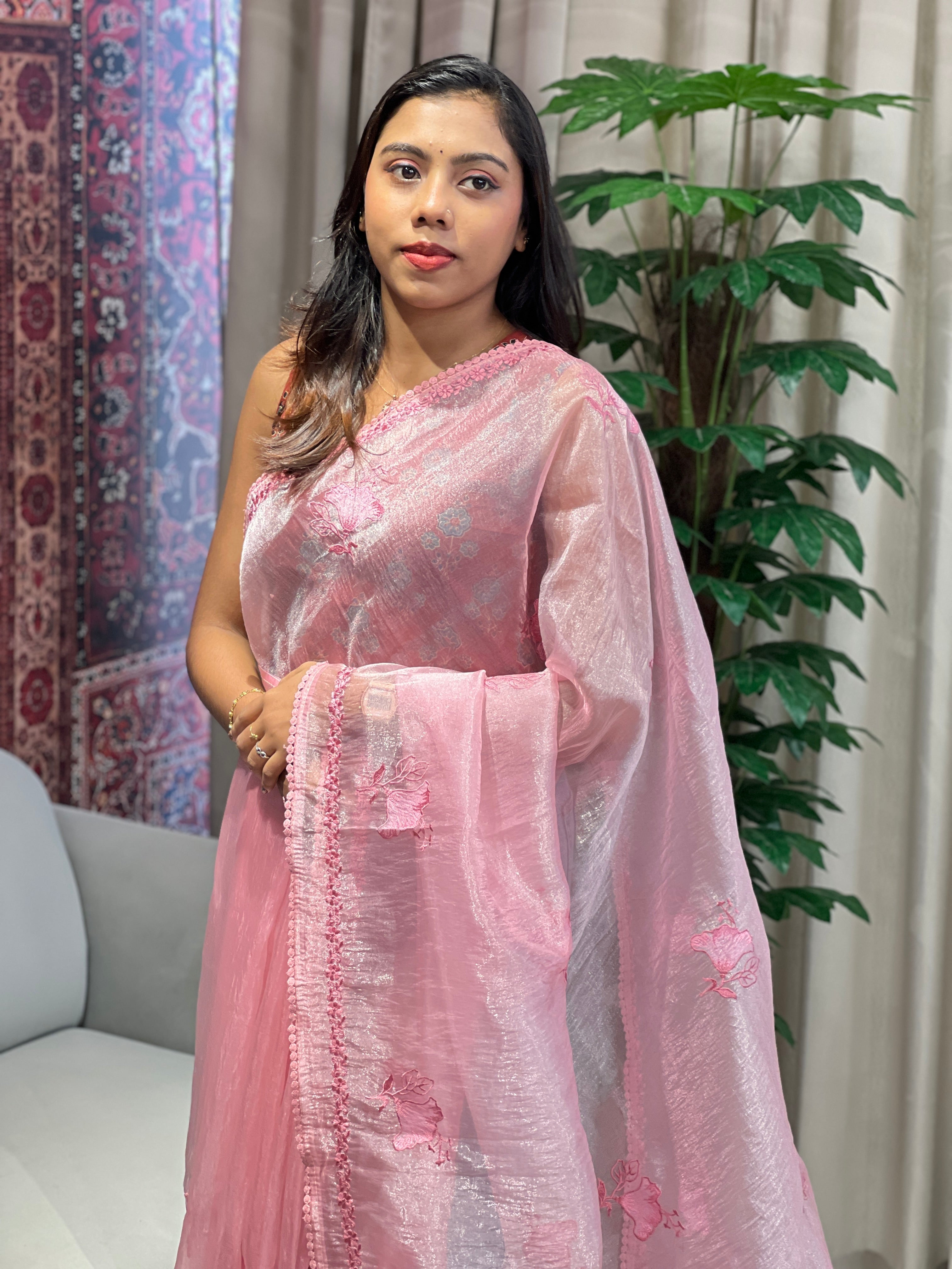 Floral Machine Embroidered Shimmer Organza Saree | BLD1984