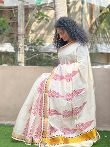 Block Printed Kerala Cotton Saree | AHD1618