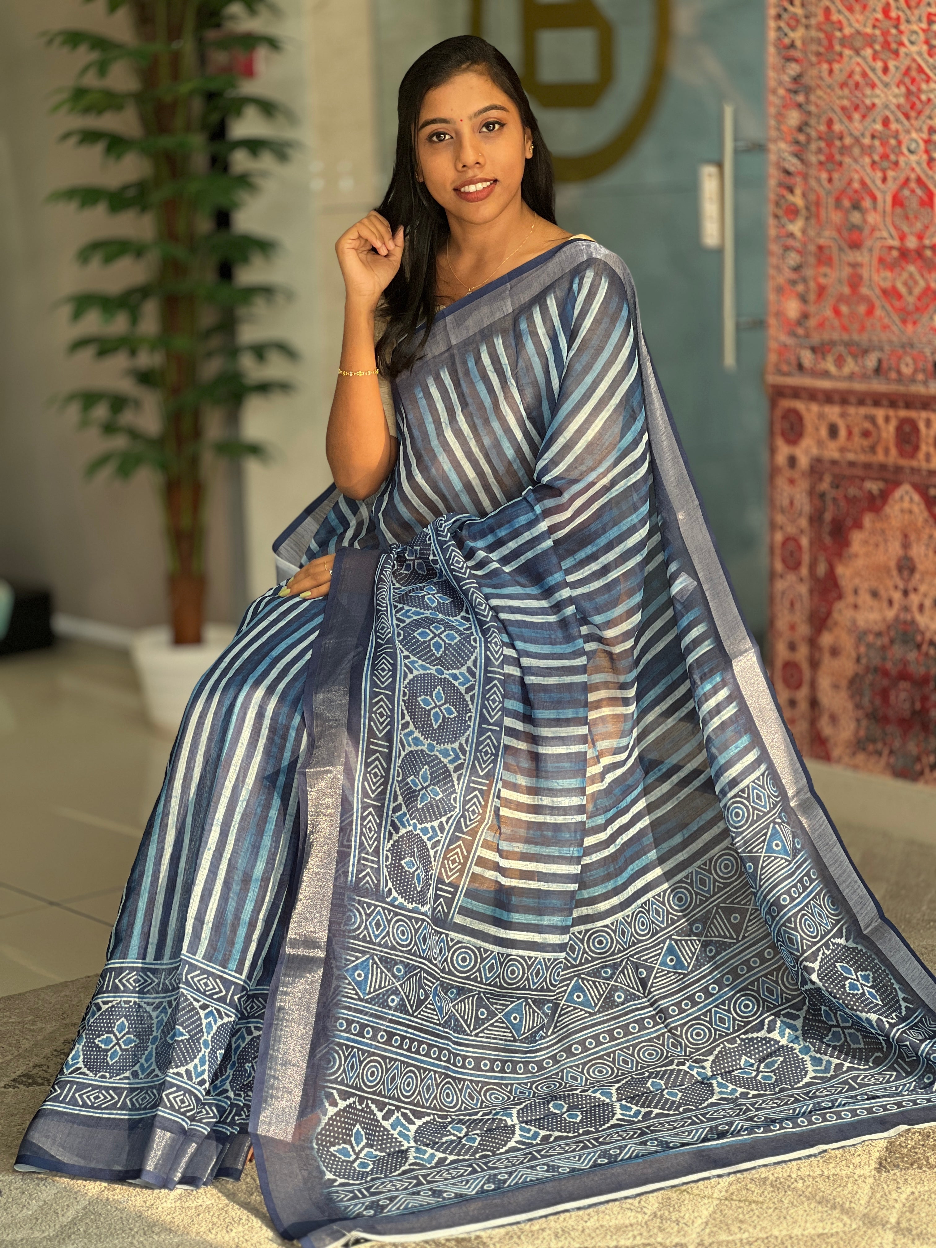 Print With Silver Zari Border Detailed Linen Finish Saree | TBS120