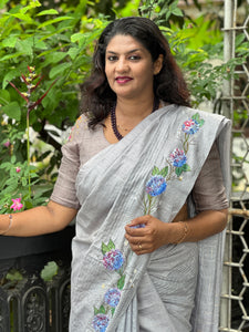 Floral Hand Painted Bhagalpuri Linen Saree | ET121