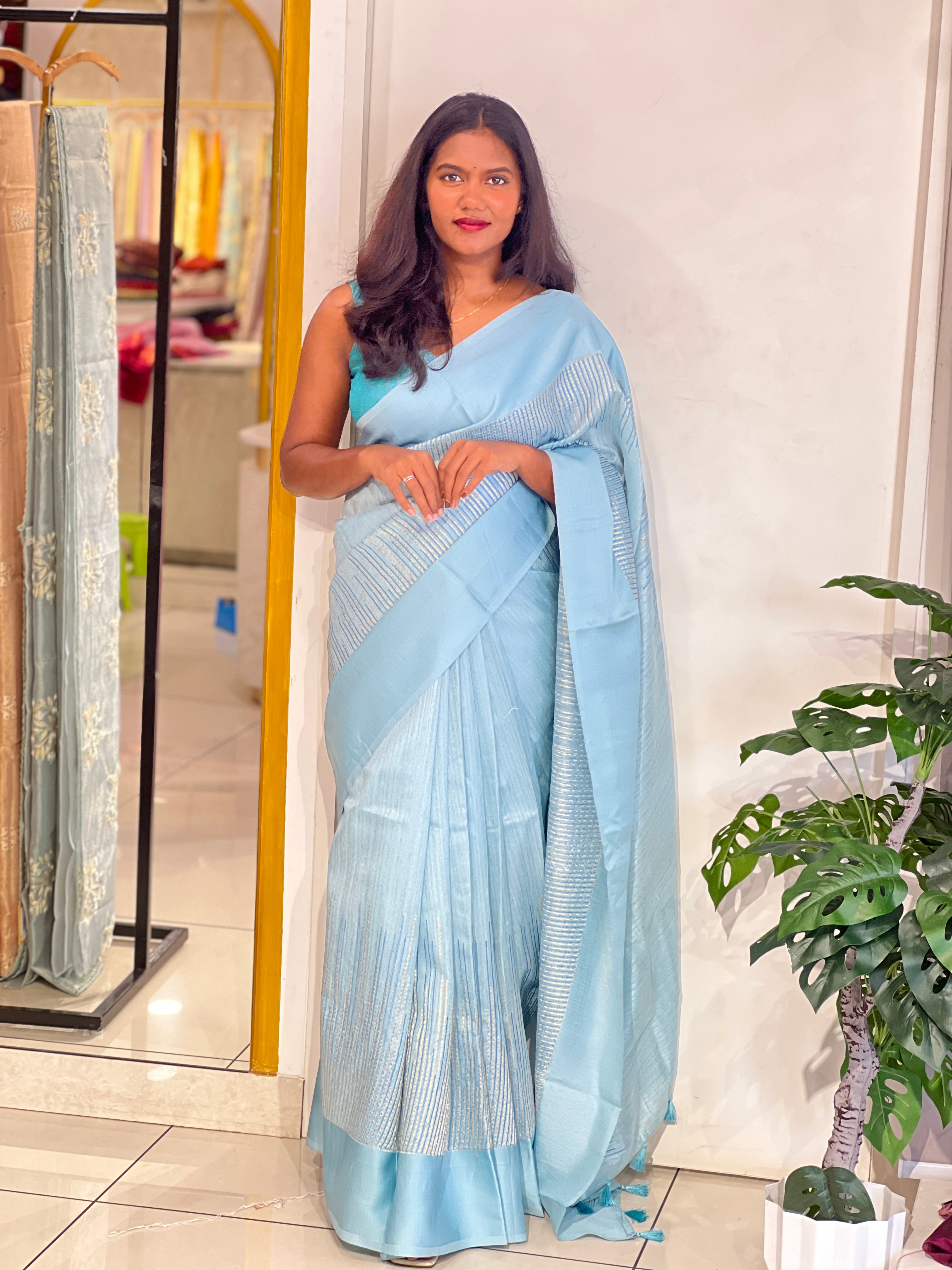 Line Embroidered Green Silk Saree | ZSS511