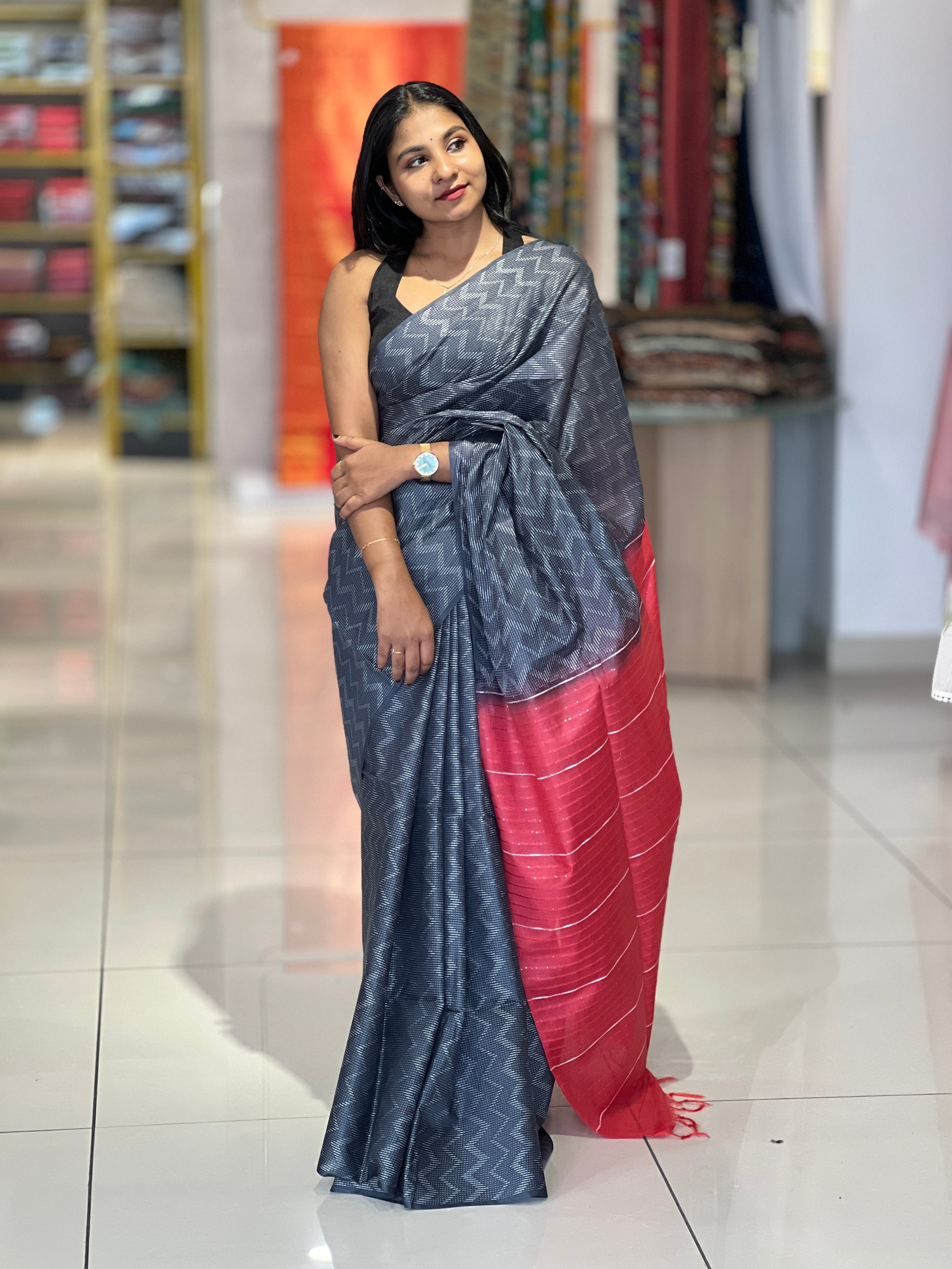 Kantha Weaving With Zig Zag Pattern Bhagalpuri Linen Saree | DLS174