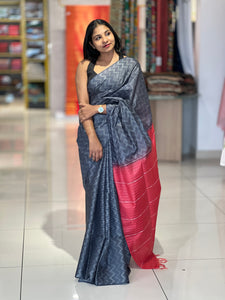 Kantha Weaving With Zig Zag Pattern Bhagalpuri Linen Saree | DLS174