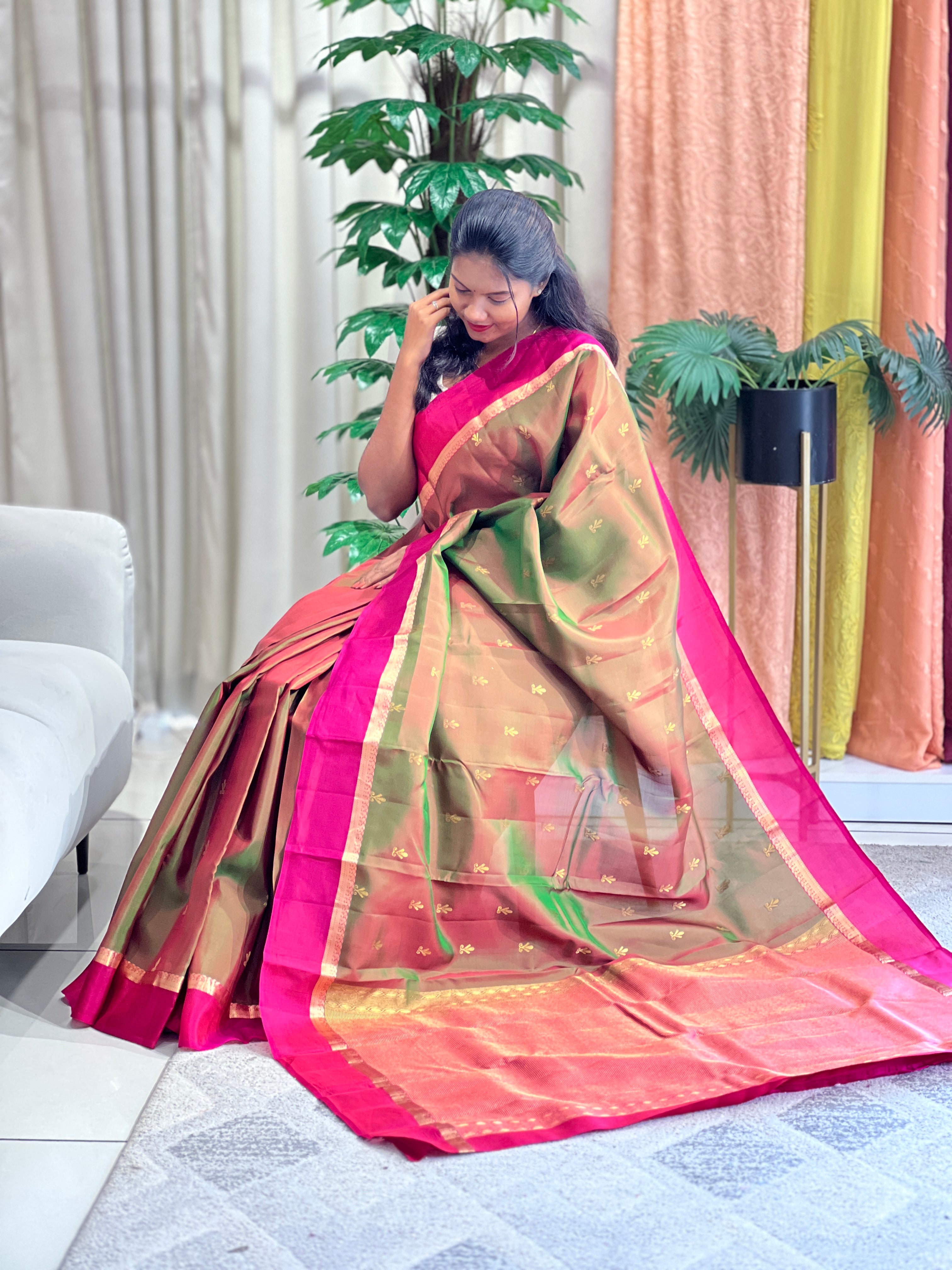 Golden Zari Buta Woven Soft Silk Saree | SMT227