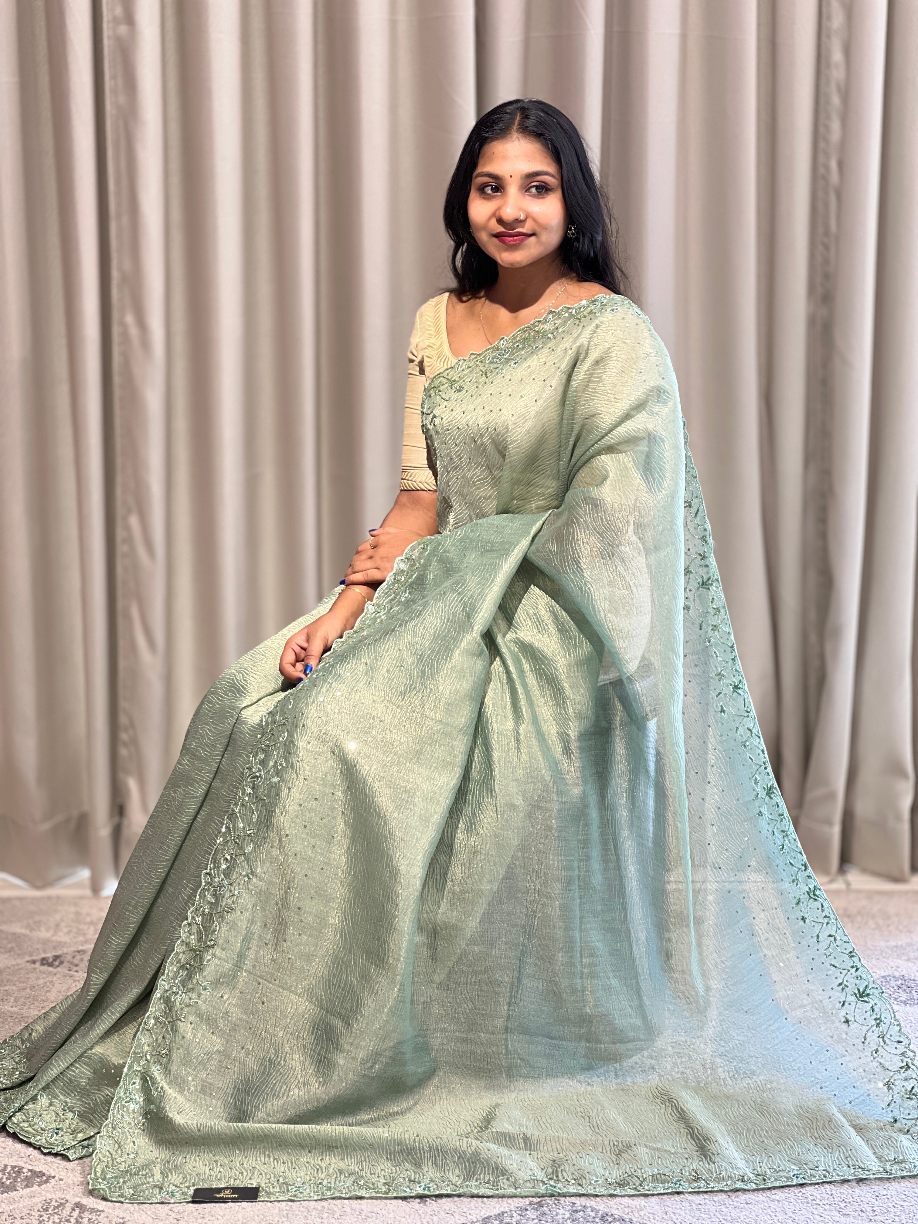 Embroidery Pattern Shimmer Crushed Organza Saree | SBP828