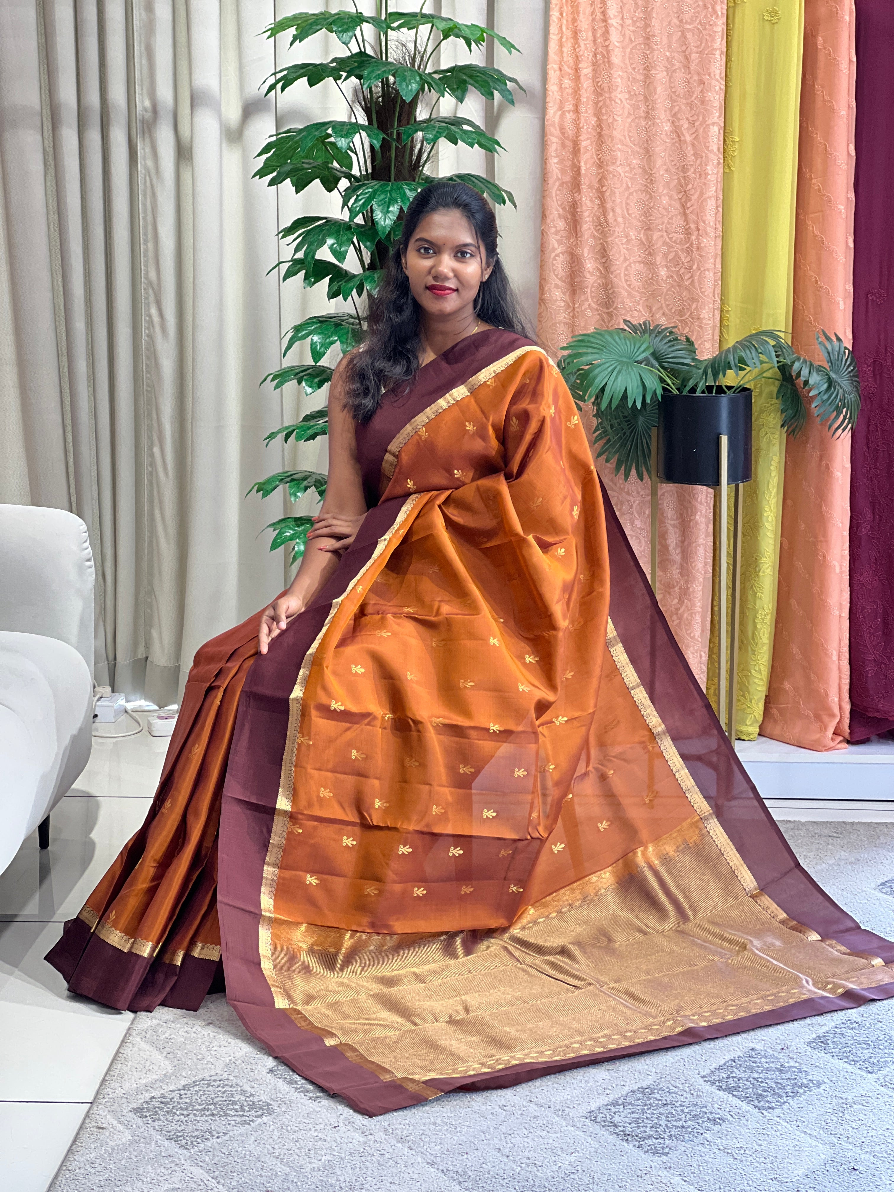 Golden Zari Buta Woven Soft Silk Saree | SMT229