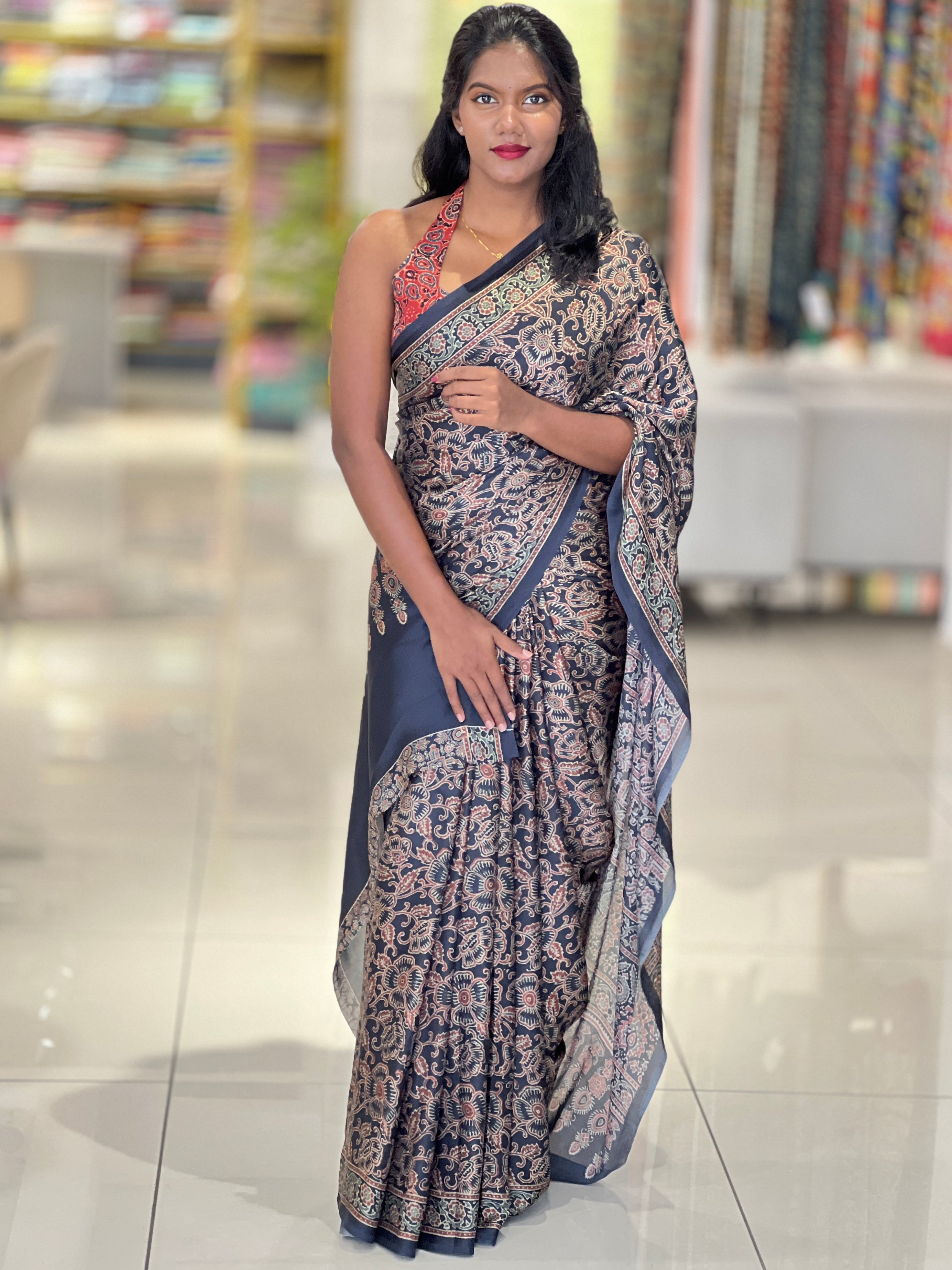 Ajrakh Printed Semi Modal Saree | SSN337