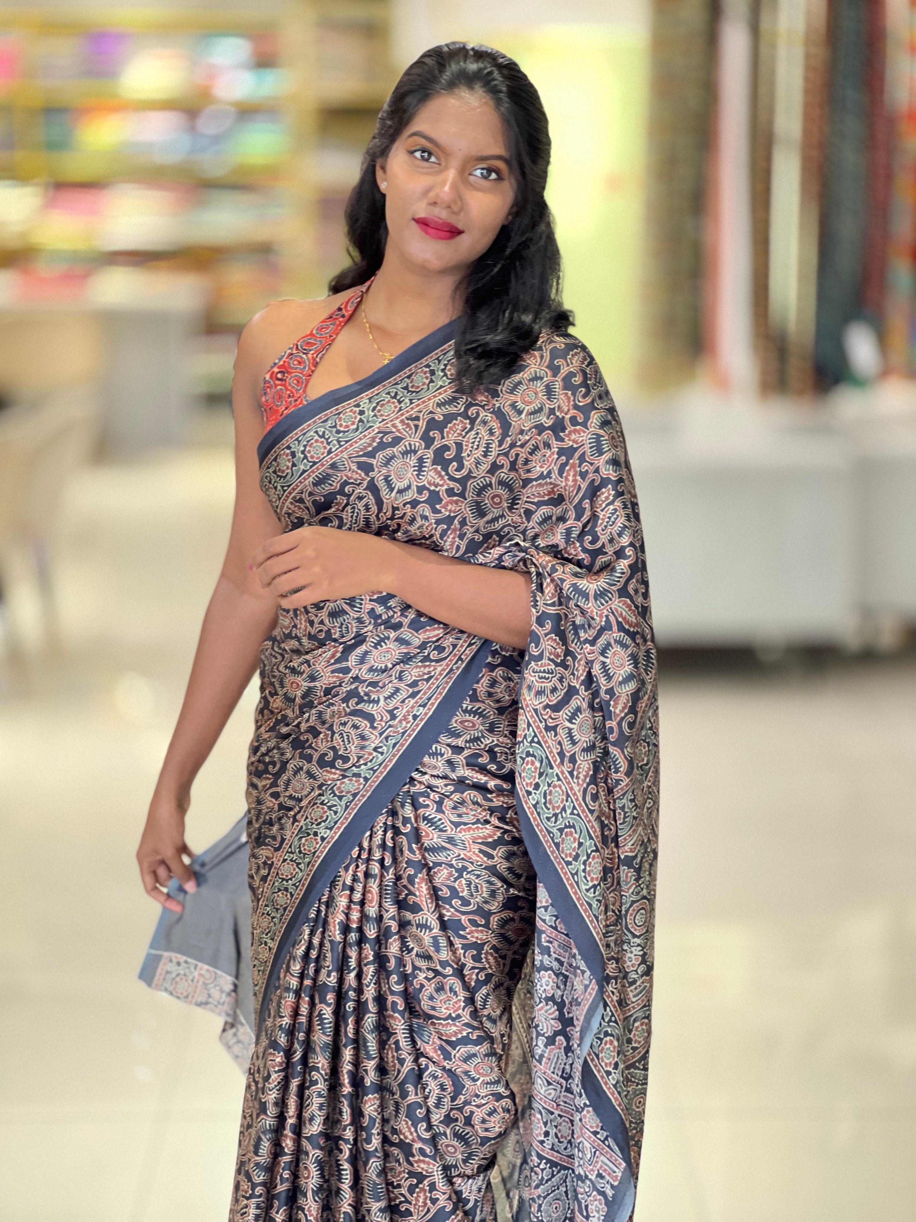 Ajrakh Printed Semi Modal Saree | SSN337
