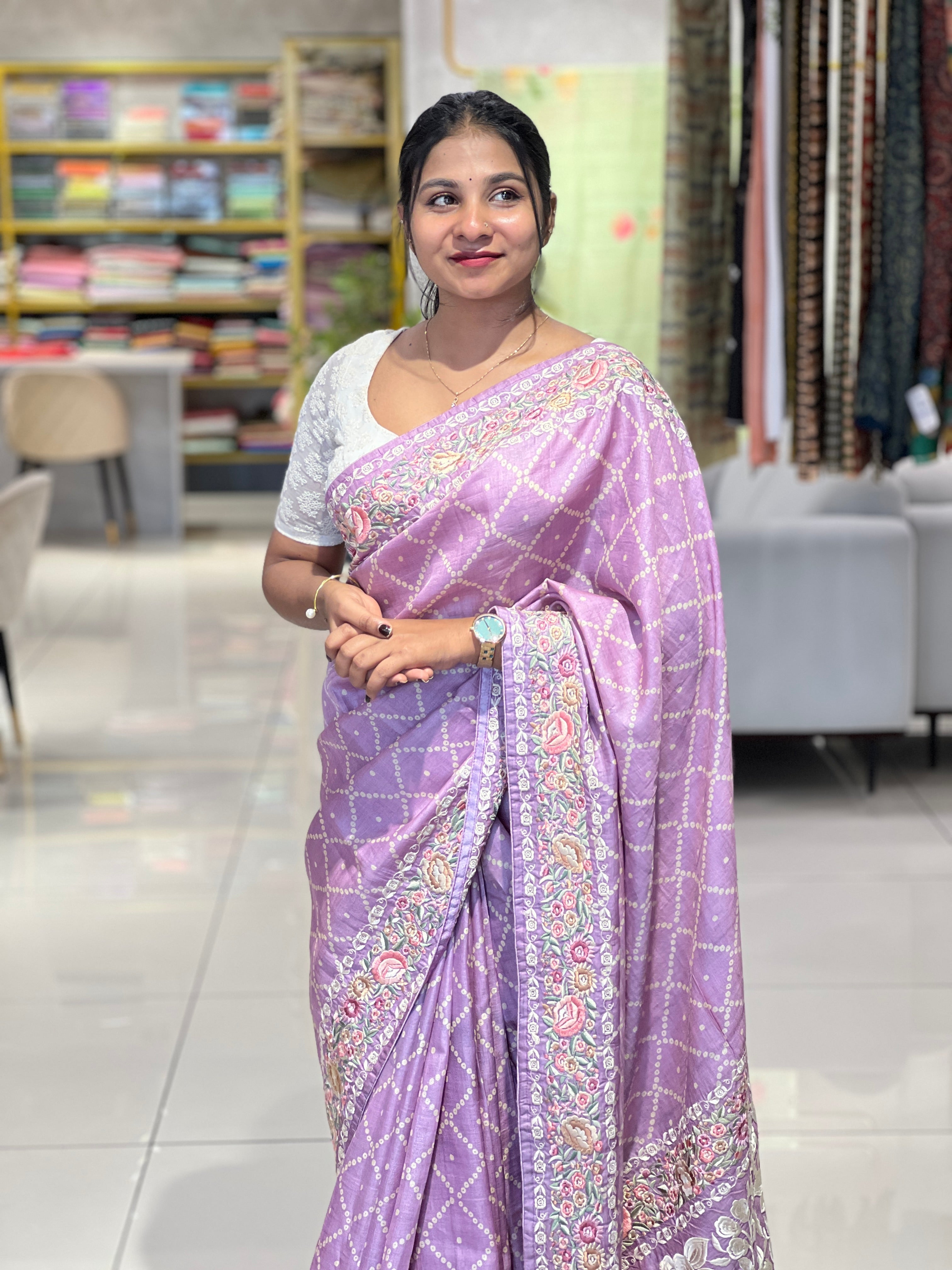 Multicolor Floral Embroidery Border Tussar Saree | SBS796