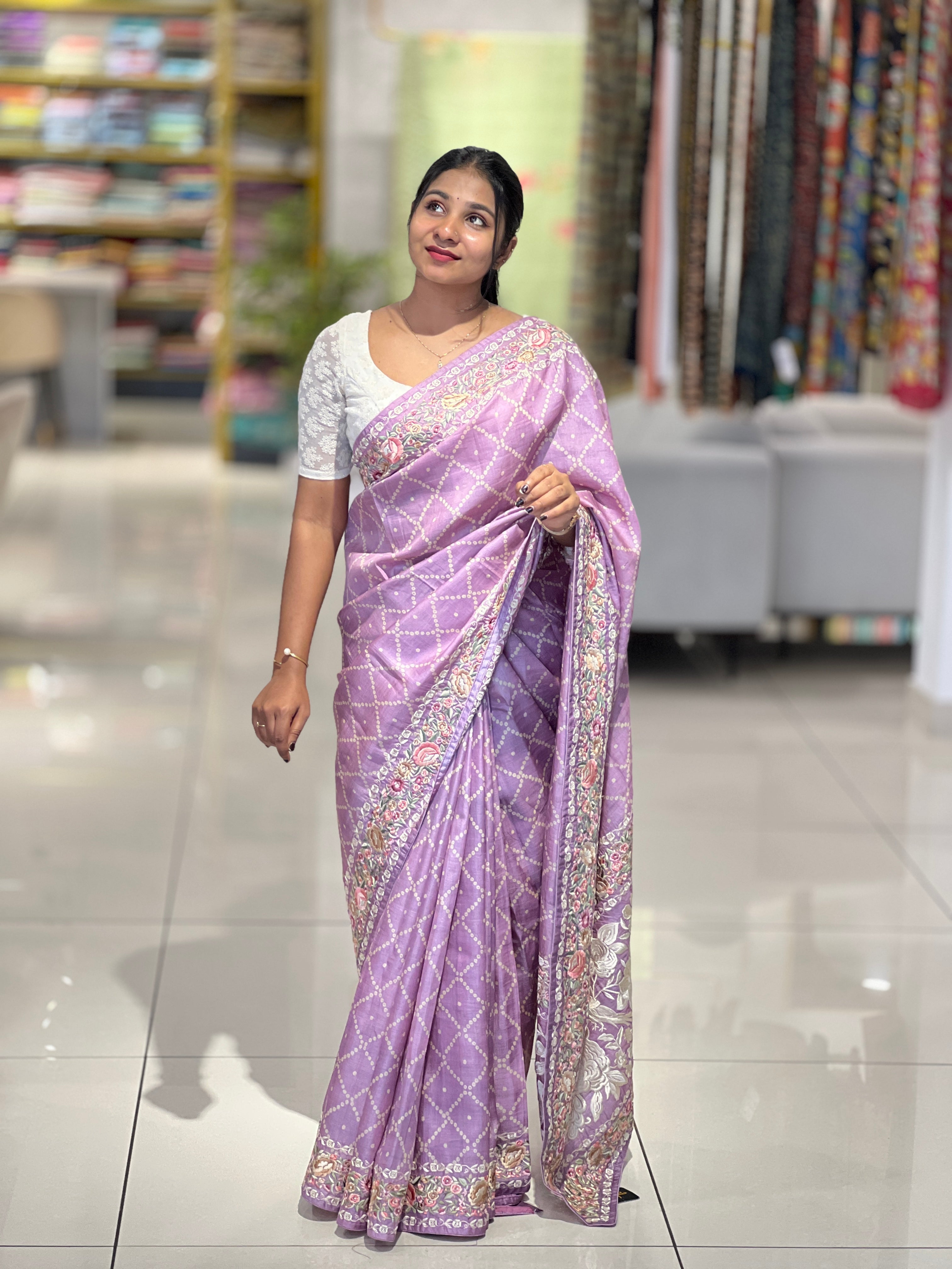 Multicolor Floral Embroidery Border Tussar Saree | SBS796