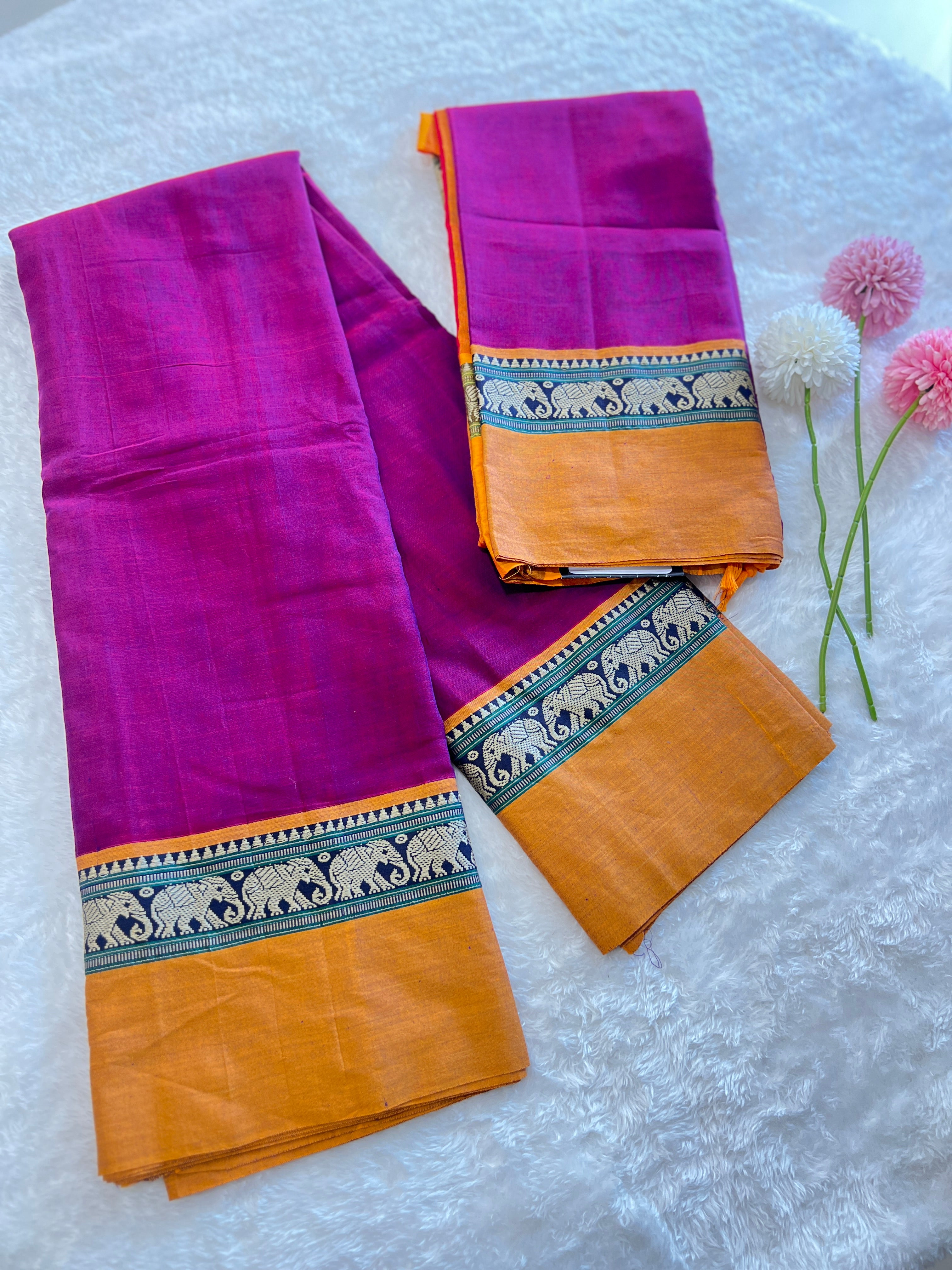 Elephant Motif Bordered Kanchi Cotton Dhavani Set | GAS102