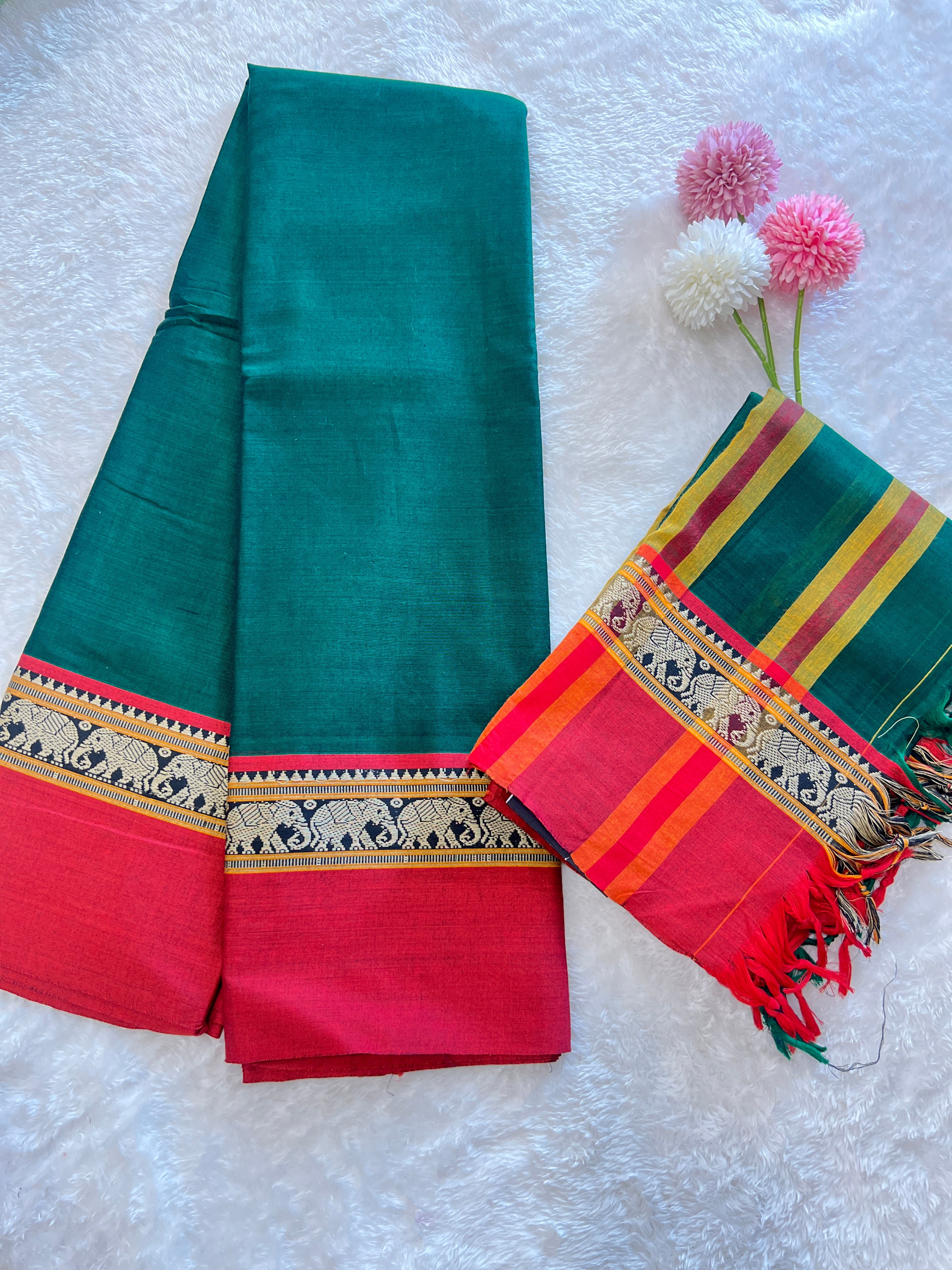Elephant Motif Bordered Kanchi Cotton Dhavani Set | GAS107