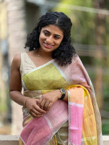 Blended Linen With Multi Color Zari Check Pattern Saree |  DLS129