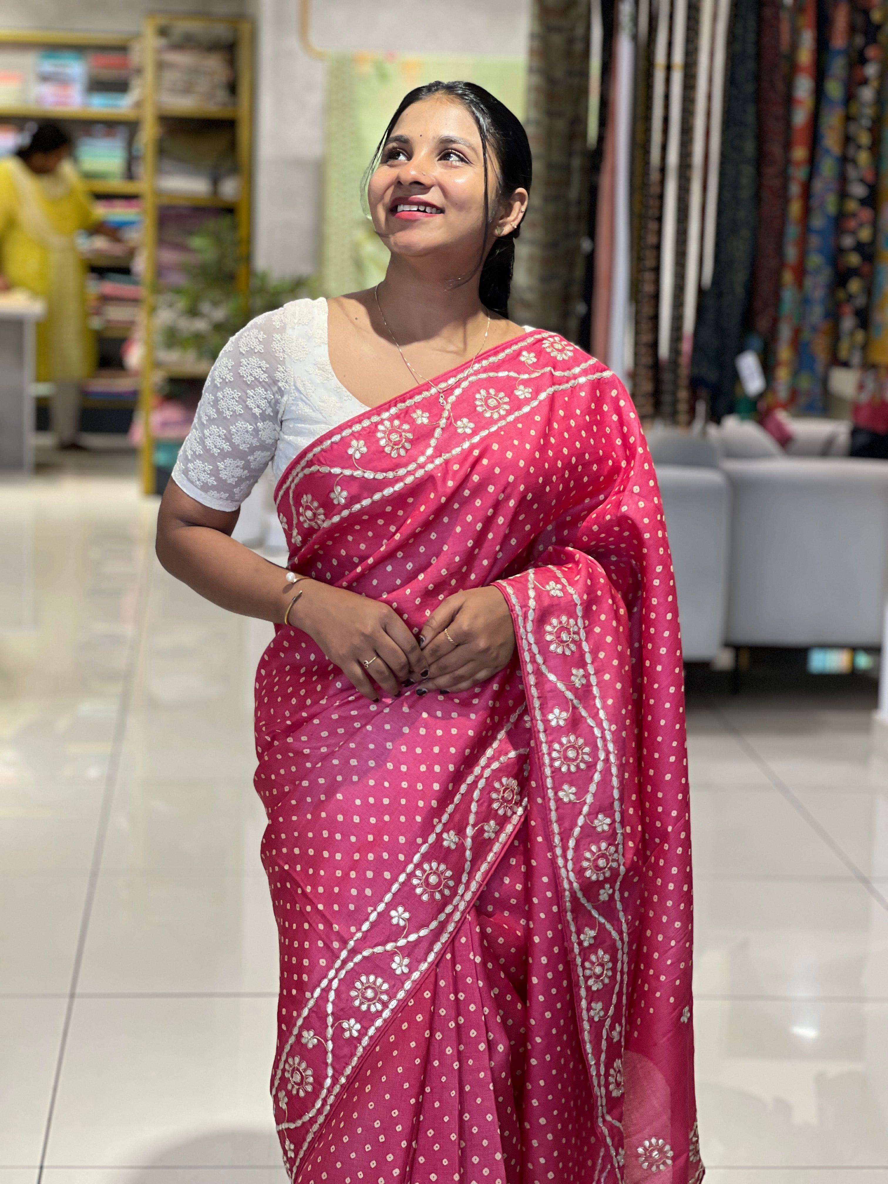 Screen Print Bandhini Tussar Saree | SBS895
