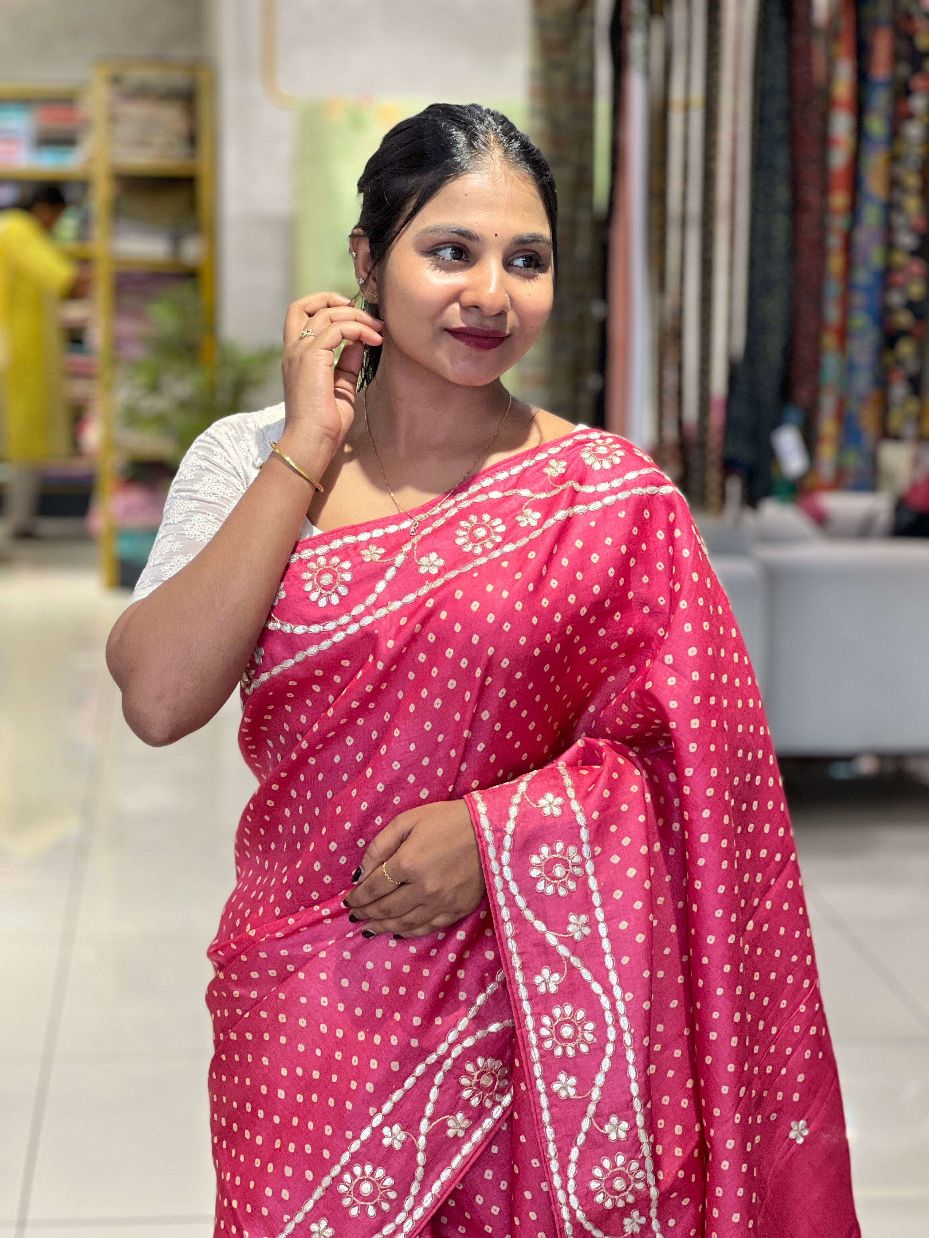 Screen Print Bandhini Tussar Saree | SBS895