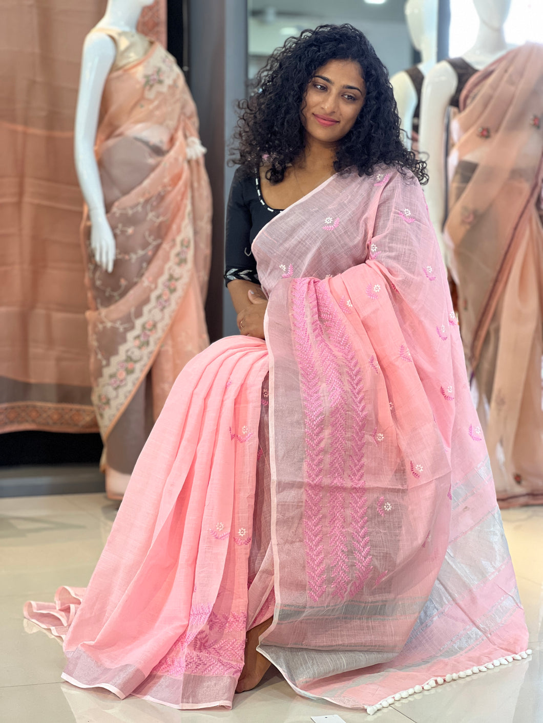 Zari and Embroidery Border Bhagalpuri Linen Saree | RP407