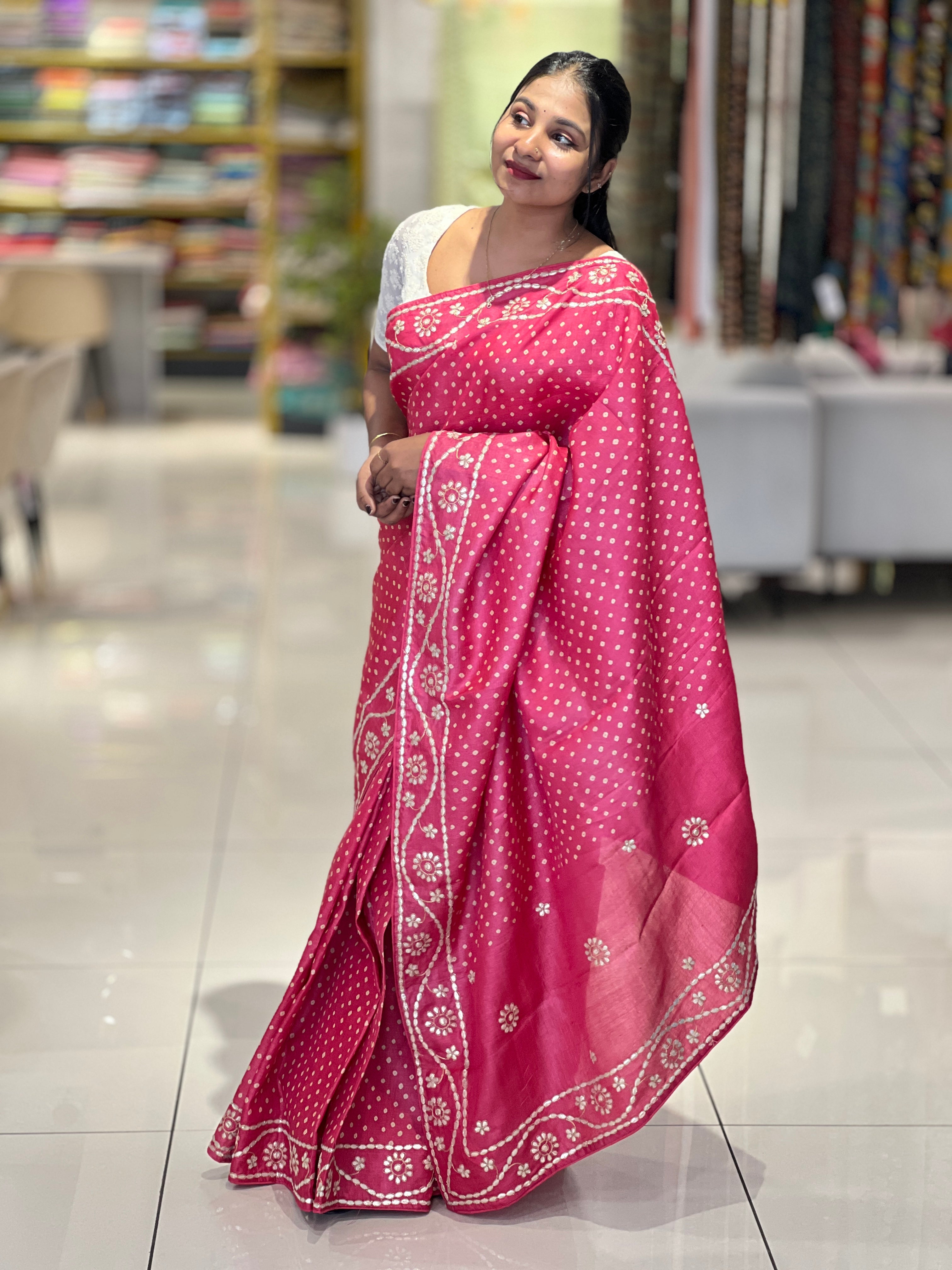 Screen Print Bandhini Tussar Saree | SBS895