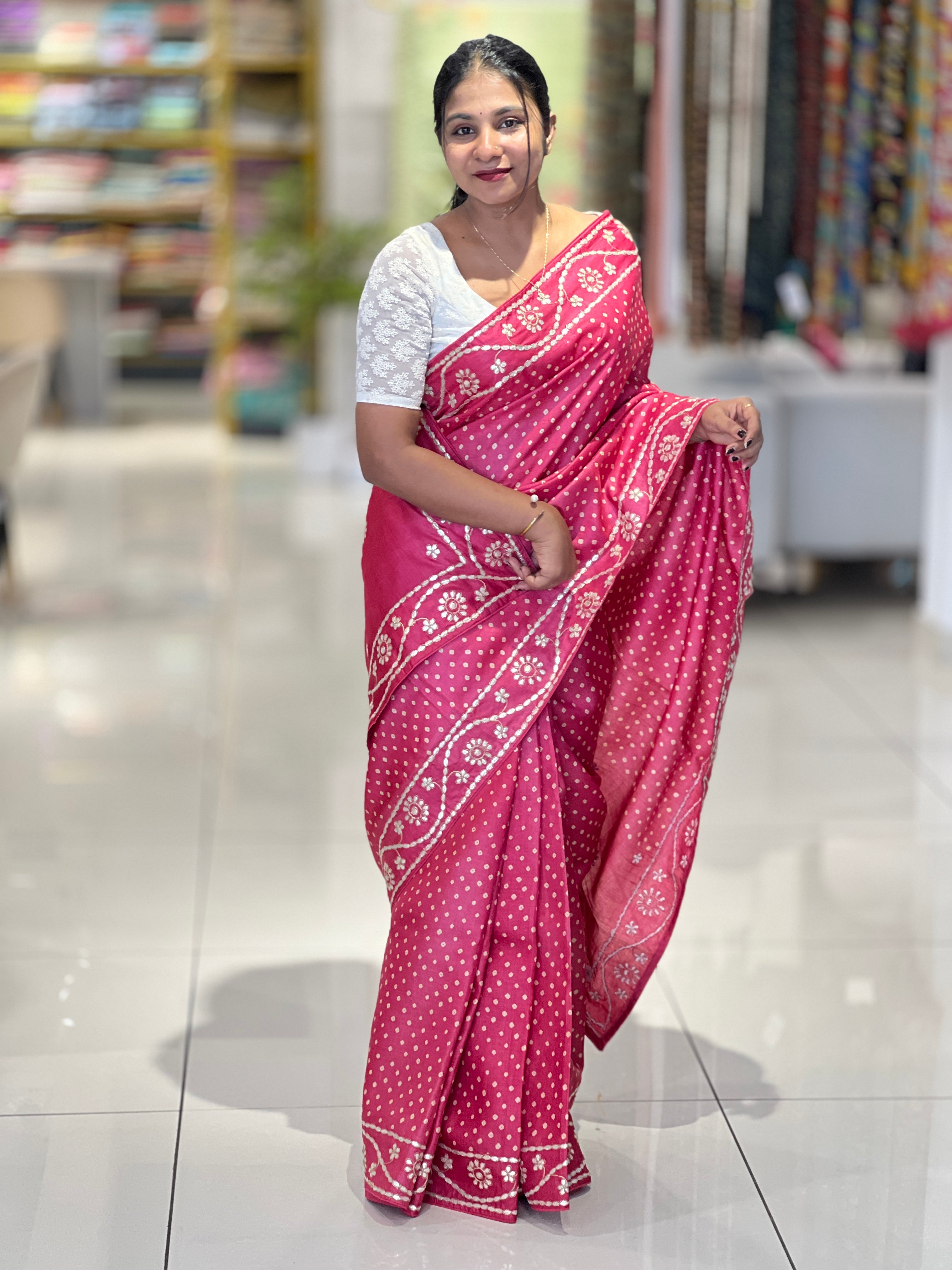 Screen Print Bandhini Tussar Saree | SBS895
